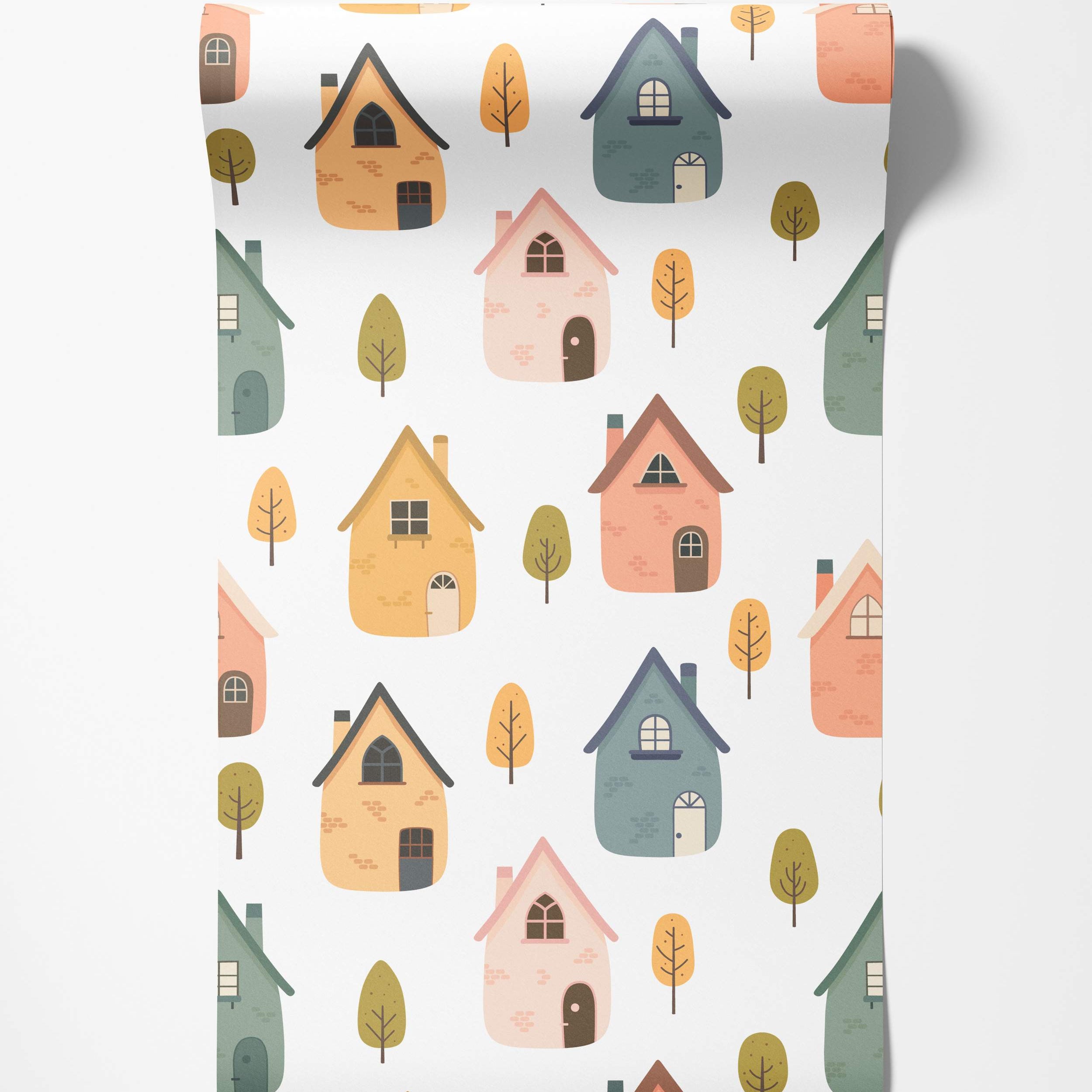 Whimsical wallpaper featuring a repeating pattern of illustrated houses and trees in yellow, blue, pink, and green on white.