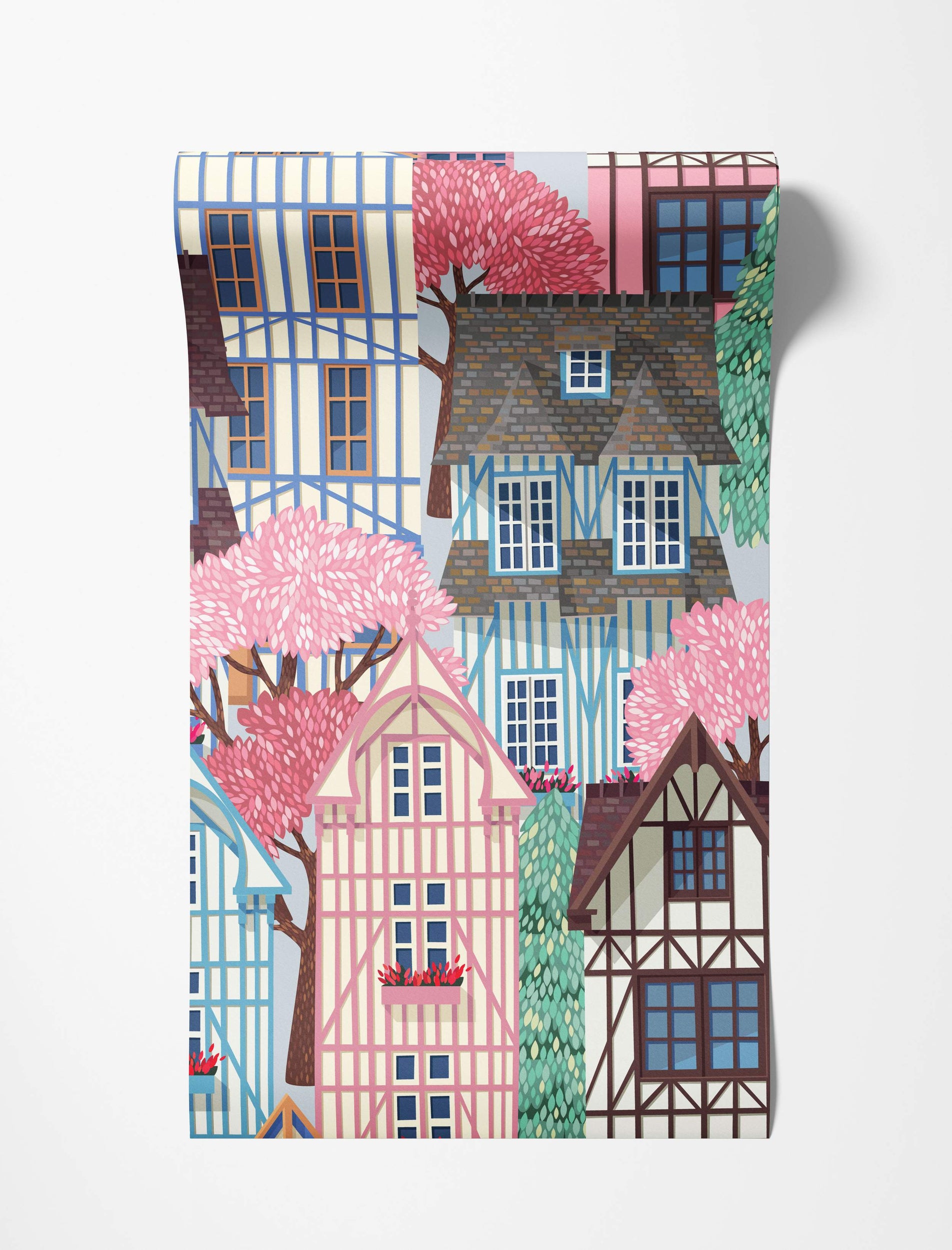 Illustrative mural featuring stylized half-timbered houses in pink, blue, and brown, nestled among pink blossoming trees.