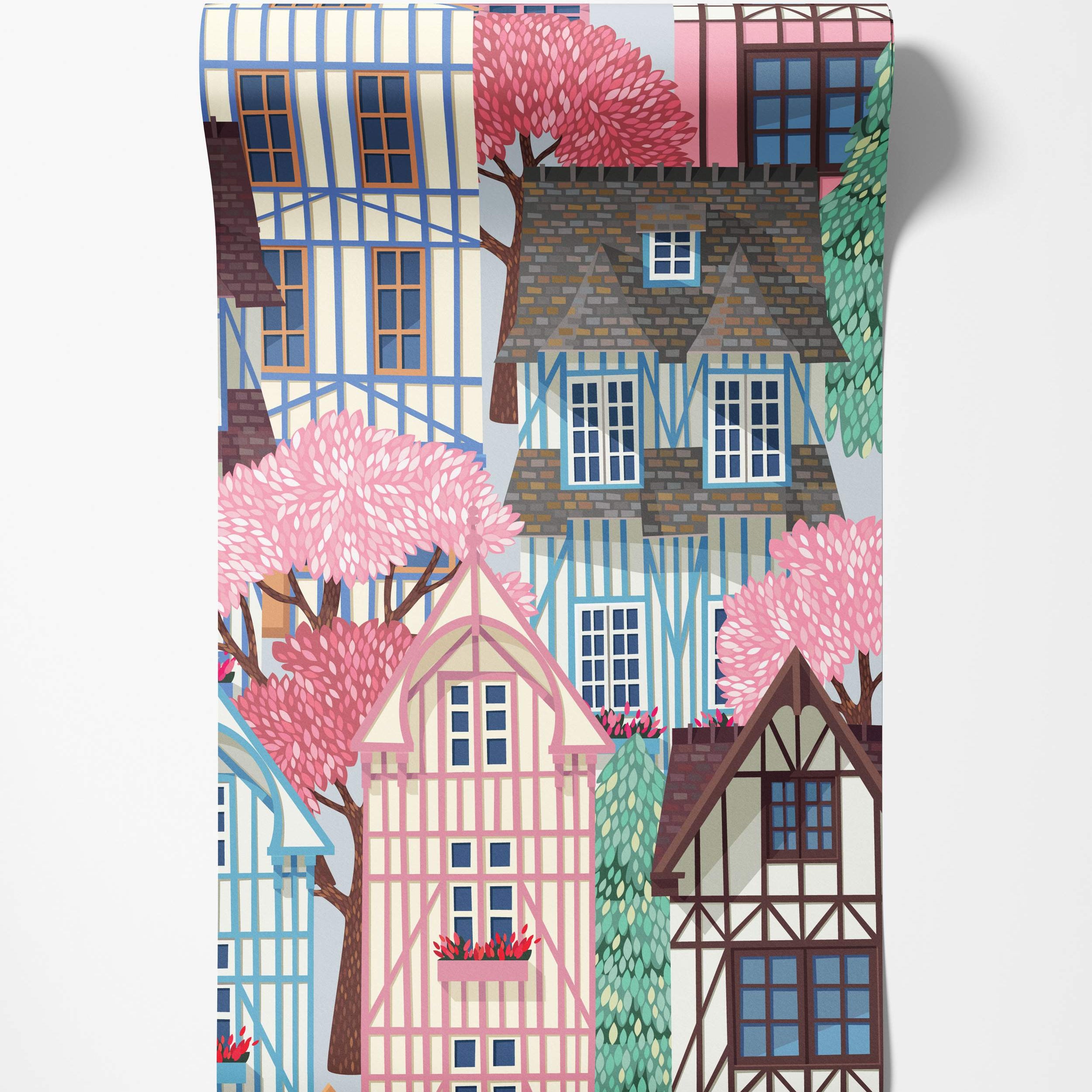 Illustrative mural featuring stylized half-timbered houses in pink, blue, and brown, nestled among pink blossoming trees.