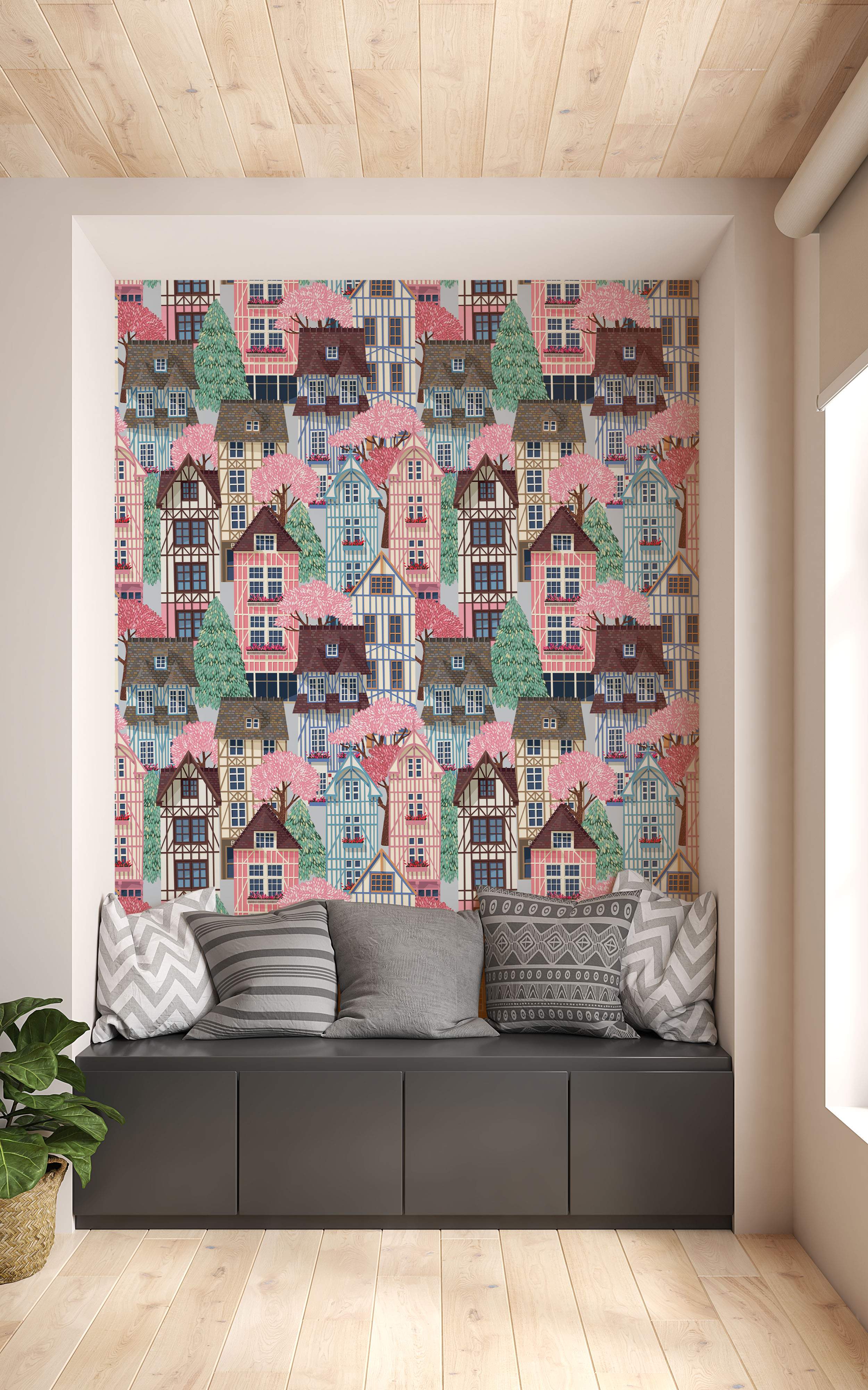 Illustrated wallpaper featuring a repeating pattern of colorful timbered houses and trees in pink, blue, green, and brown.