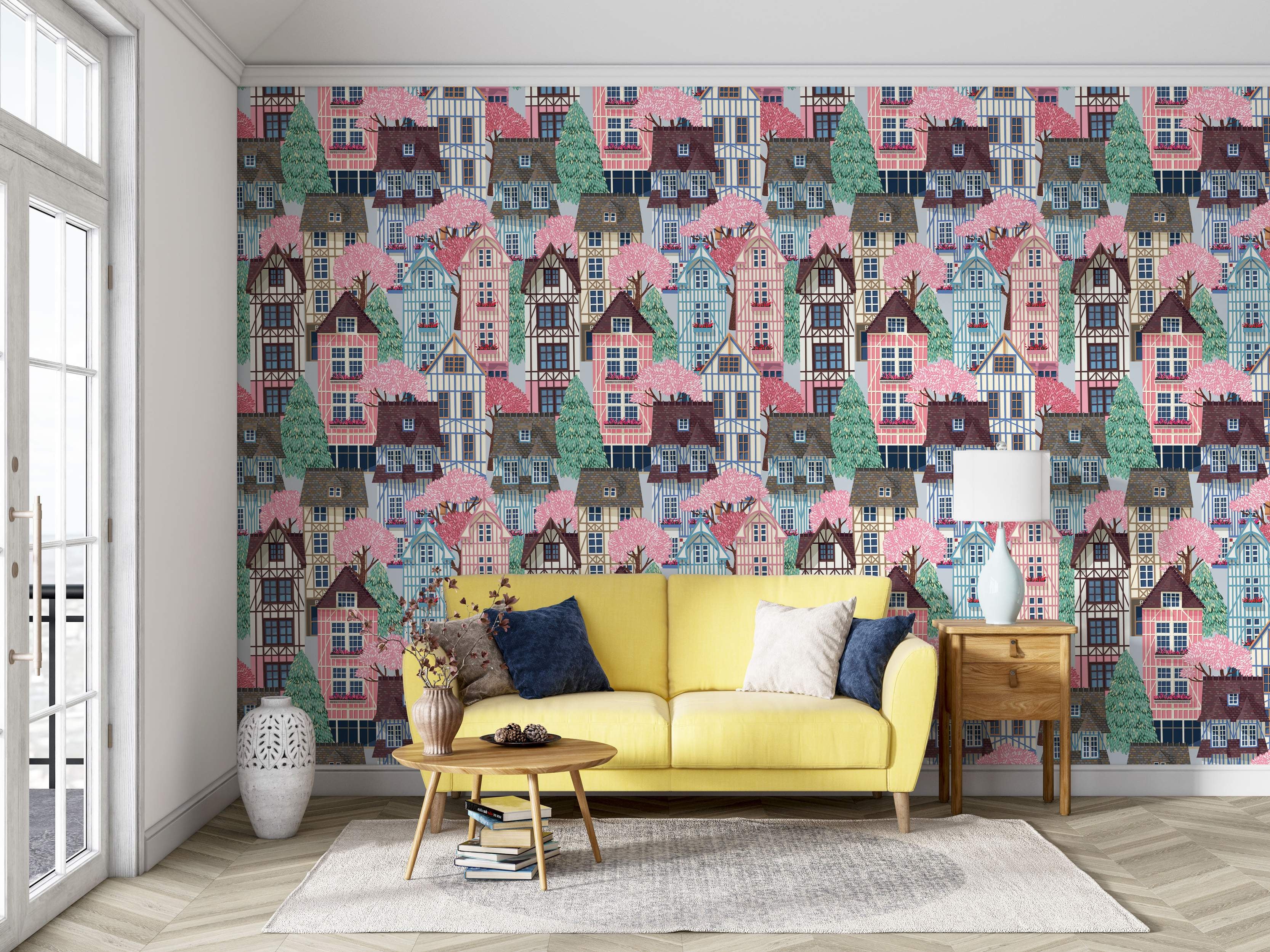 Illustrated wallpaper featuring a dense pattern of colorful half-timbered houses and trees in pink, blue, green, and brown.