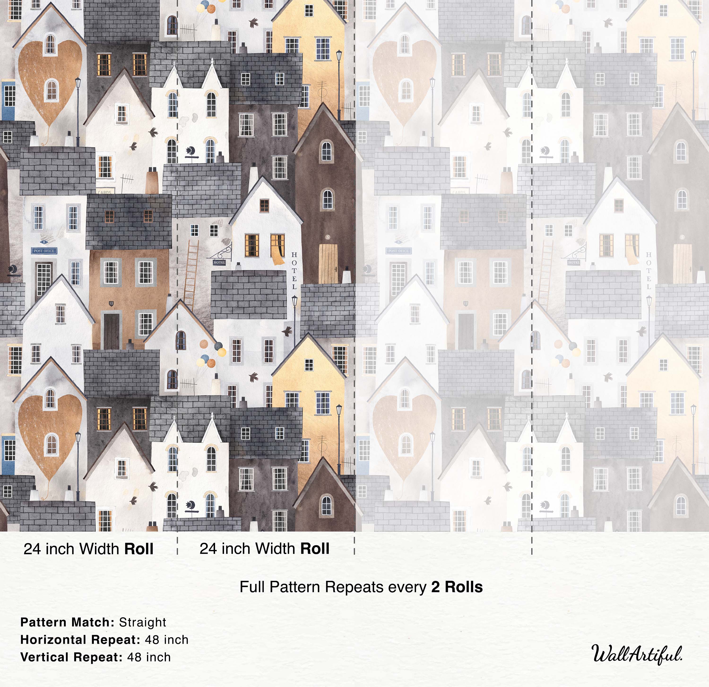 Illustrated village scene wallpaper featuring stylized houses in muted gray, brown, beige, and yellow tones.
