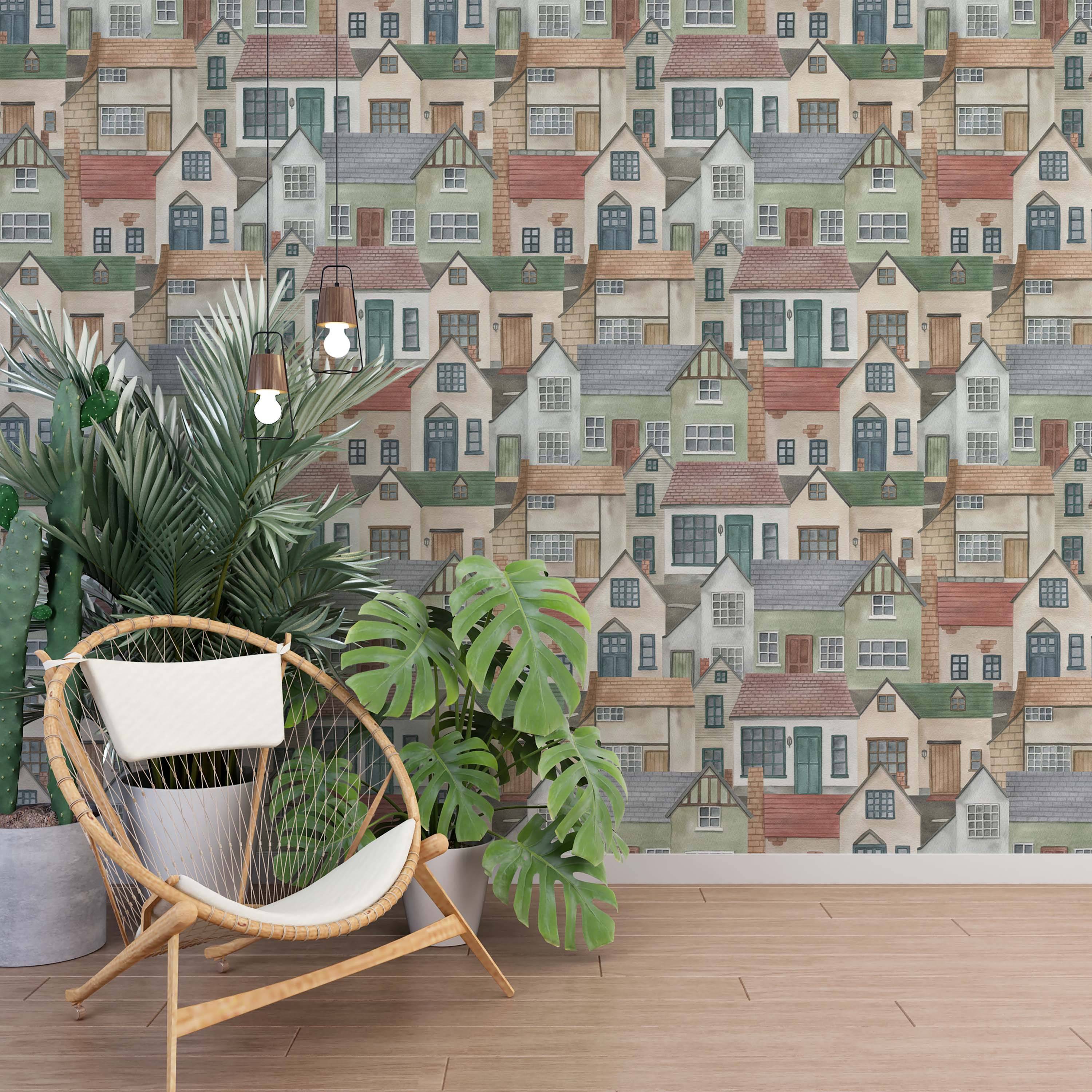 Watercolor wallpaper featuring a repeating pattern of tightly packed, stylized houses in muted green, beige, gray, and terracotta hues.