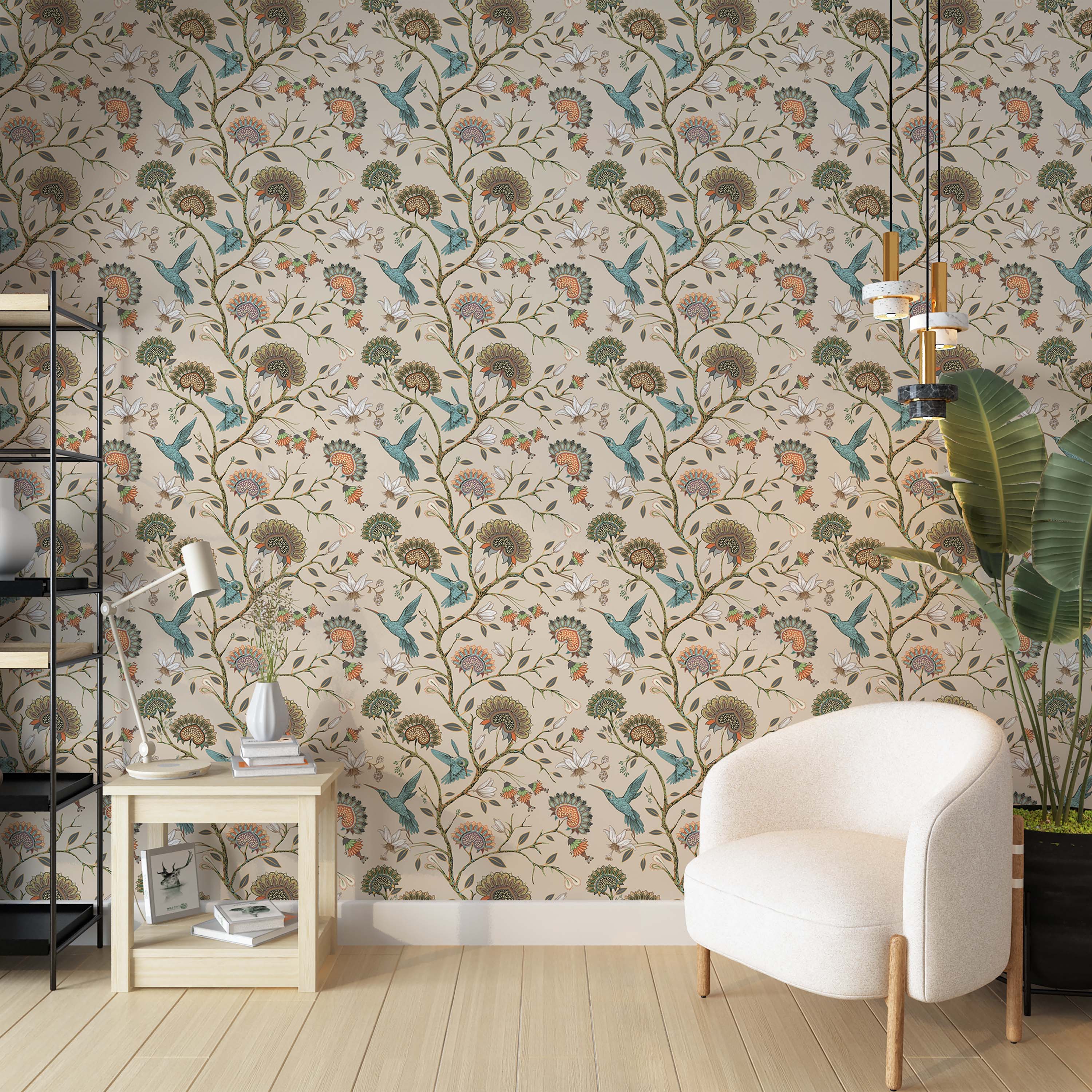 A Chinoiserie wallpaper with teal hummingbirds and stylized flowers in orange and green on a trailing vine pattern.