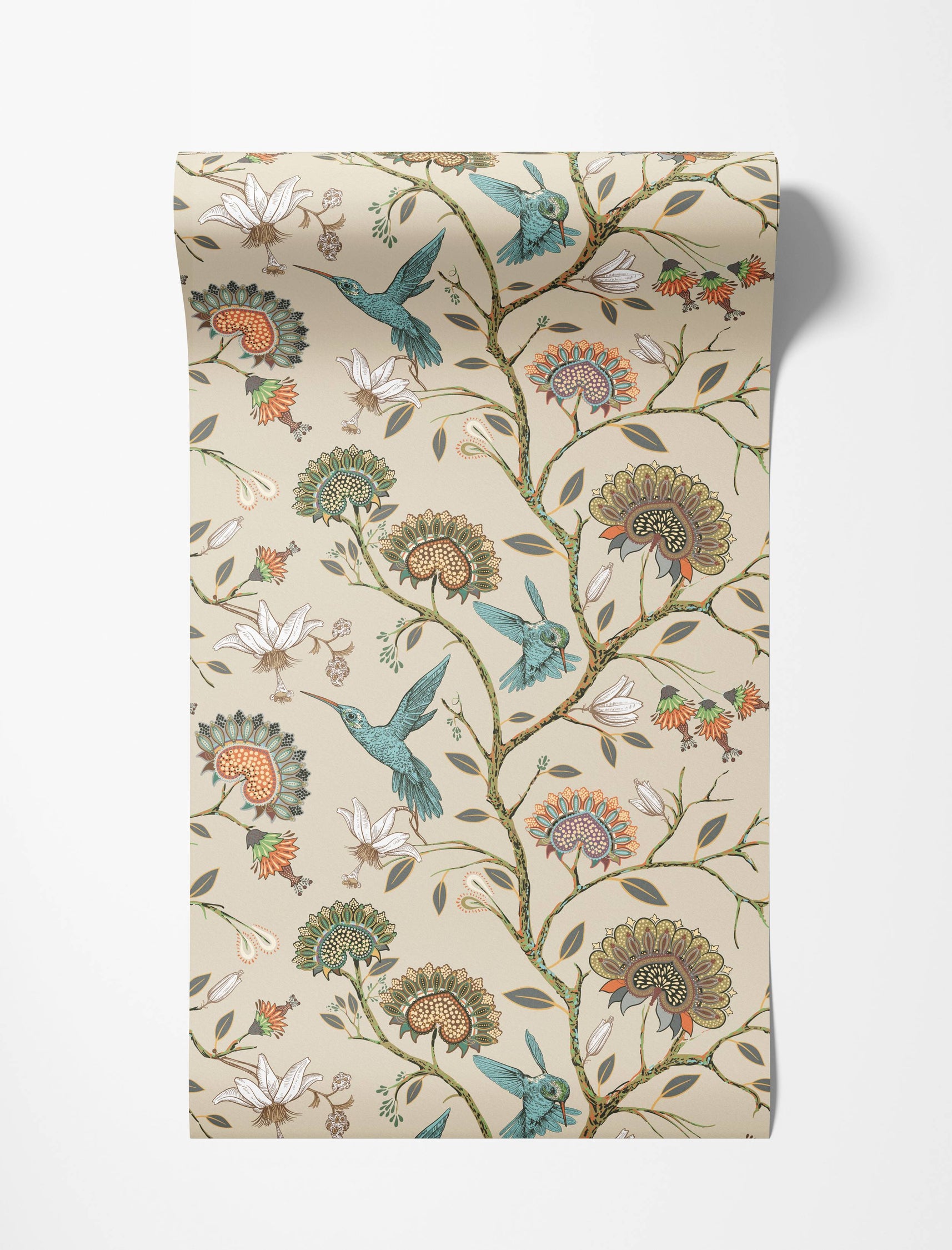 A vintage-style wallpaper with teal hummingbirds and stylized flowers on winding vines, in orange and green on a beige background.