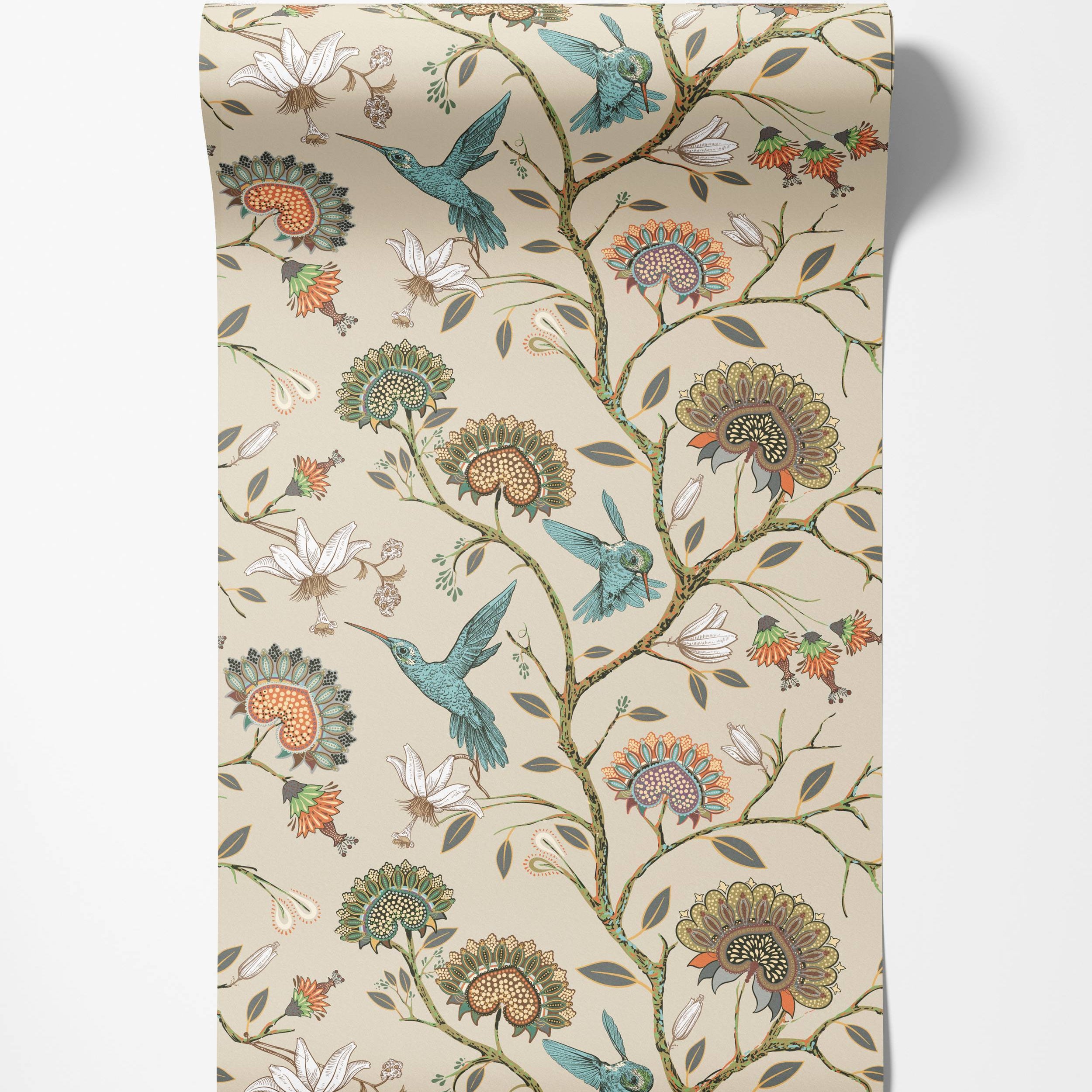 A vintage-style wallpaper with teal hummingbirds and stylized flowers on winding vines, in orange and green on a beige background.