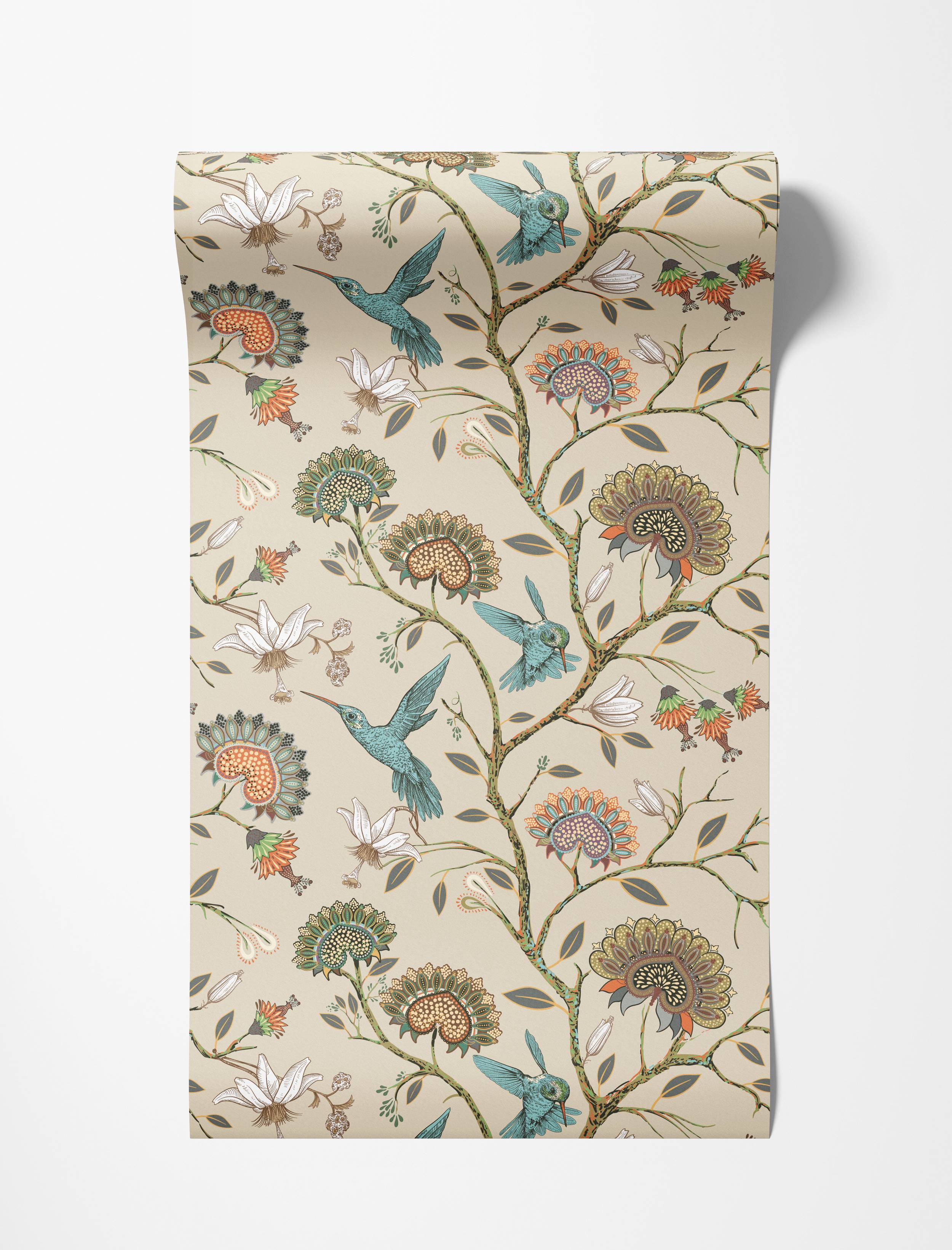 A vintage-style wallpaper with teal hummingbirds and stylized flowers on winding vines, in orange and green on a beige background.