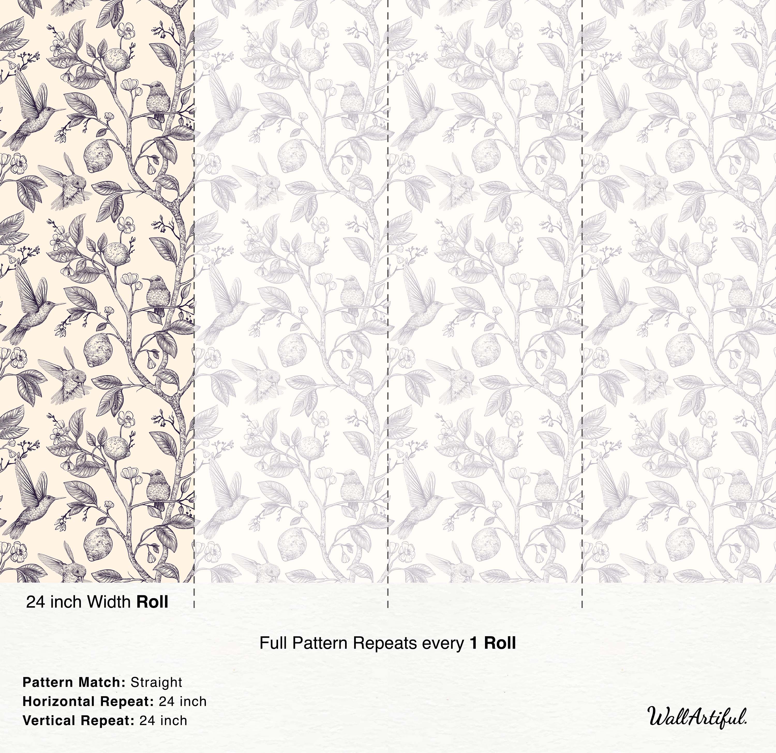 Vintage botanical wallpaper with detailed line drawings of hummingbirds and lemon tree branches in dark blue on a cream background.