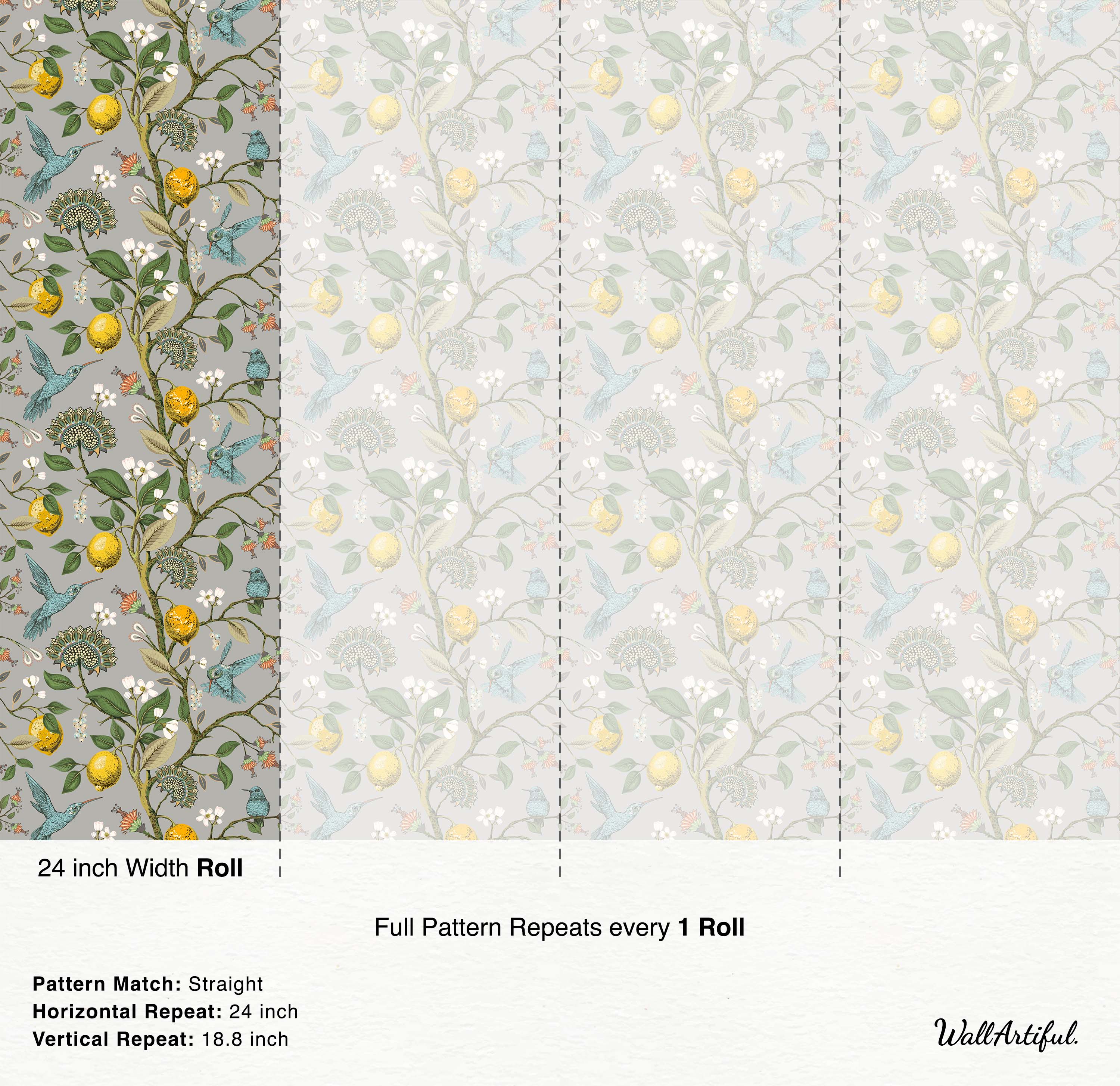 Vintage botanical wallpaper with blue hummingbirds, yellow lemons, and white blossoms on climbing branches against a gray background.
