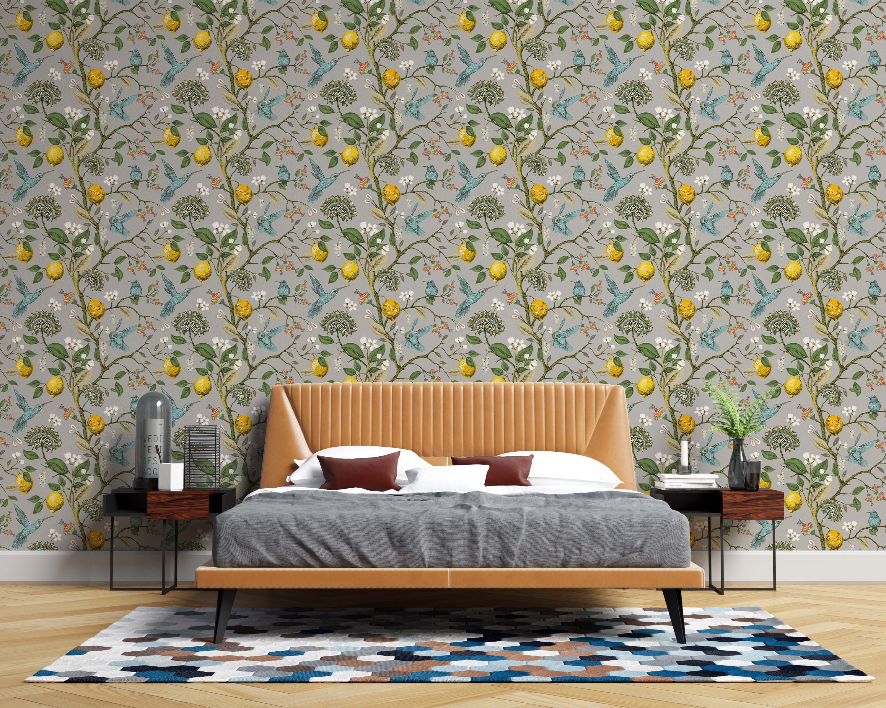 Vintage style wallpaper with blue hummingbirds, yellow lemons, and white flowers on green vines against a gray background.