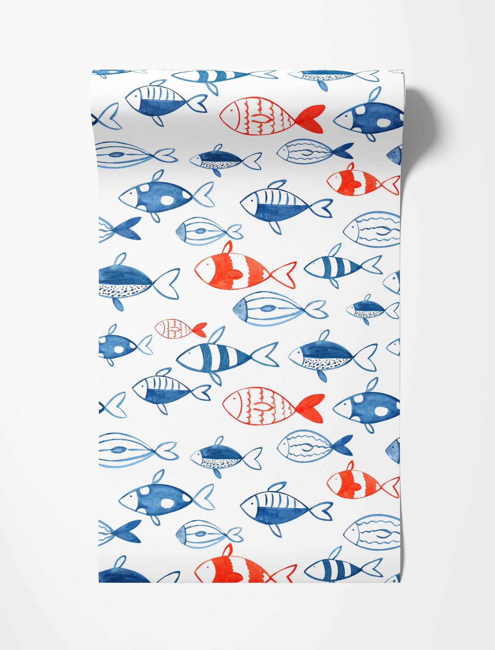Wallpaper showcasing a pattern of stylized fish illustrations in varying blue and red-orange designs on a white background.