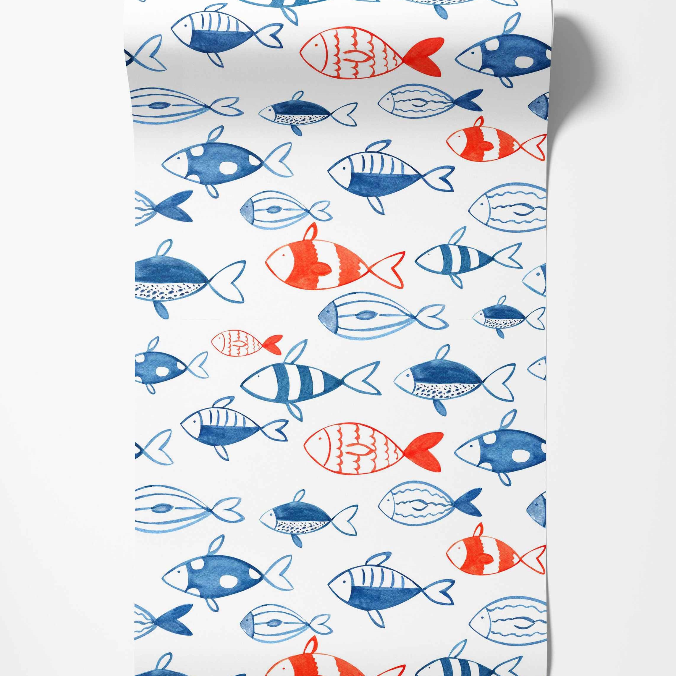 Wallpaper showcasing a pattern of stylized fish illustrations in varying blue and red-orange designs on a white background.