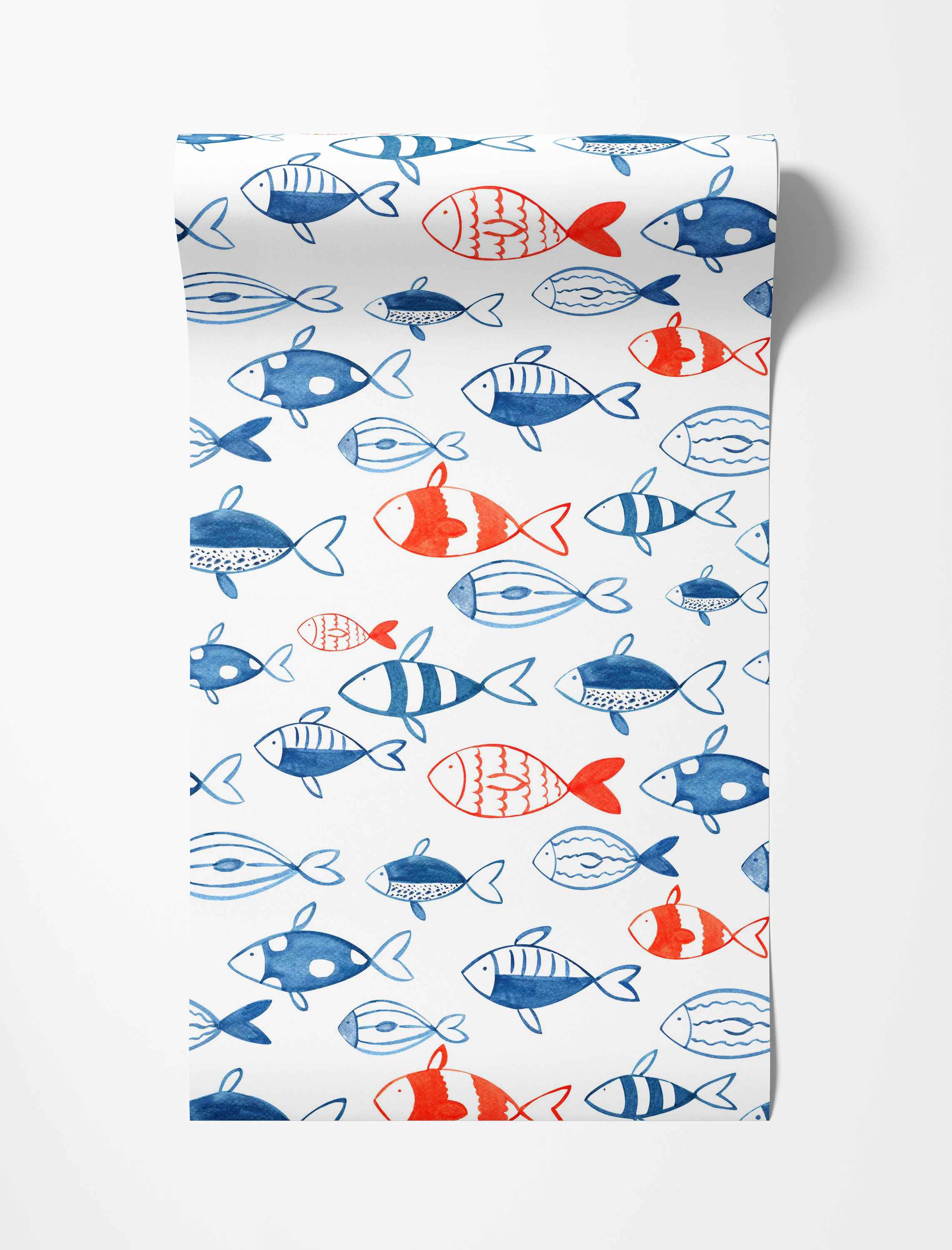 Wallpaper showcasing a pattern of stylized fish illustrations in varying blue and red-orange designs on a white background.