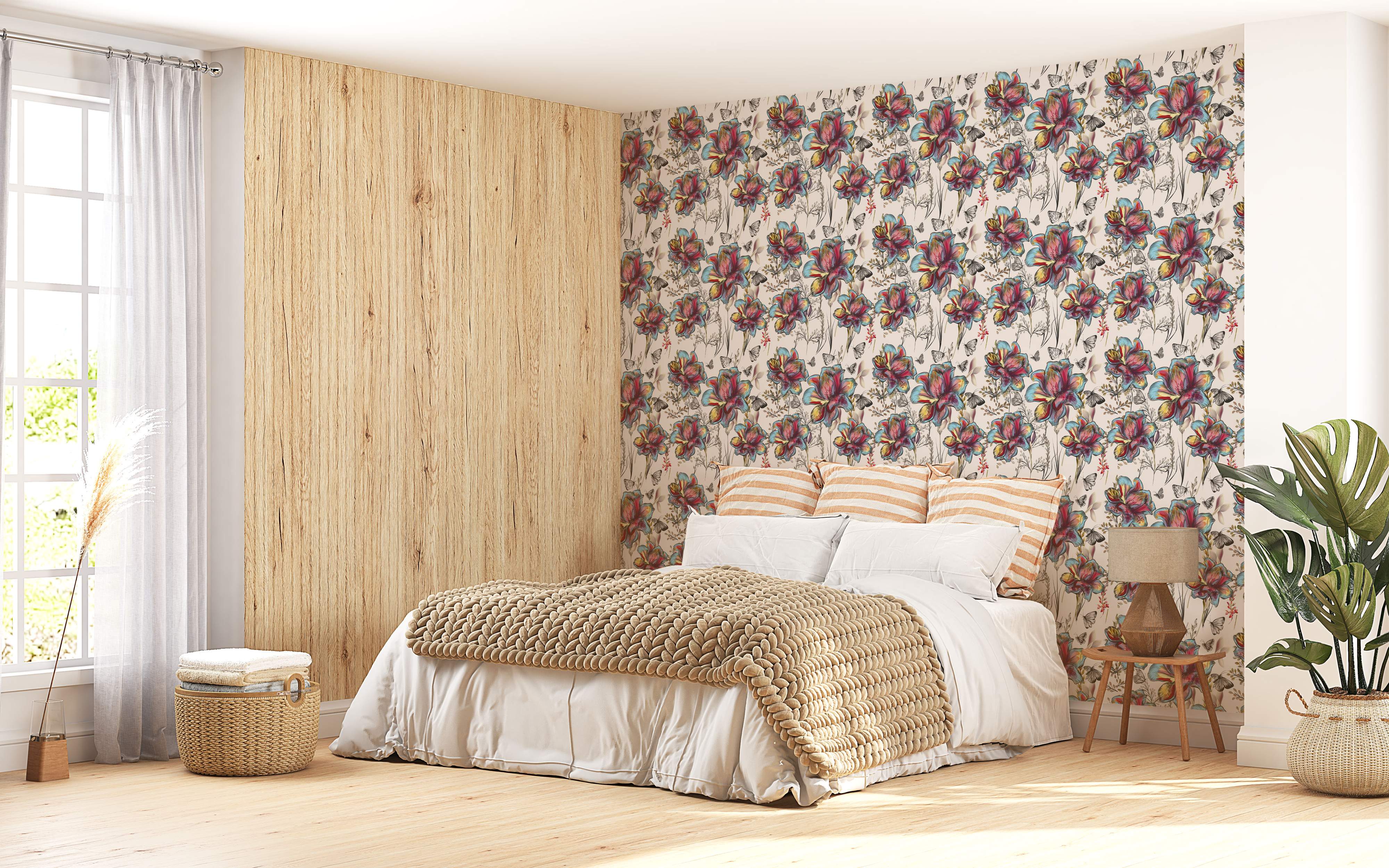 Illustrated floral wallpaper featuring large, colorful flowers in red, blue, and yellow tones, with butterflies on a cream background.