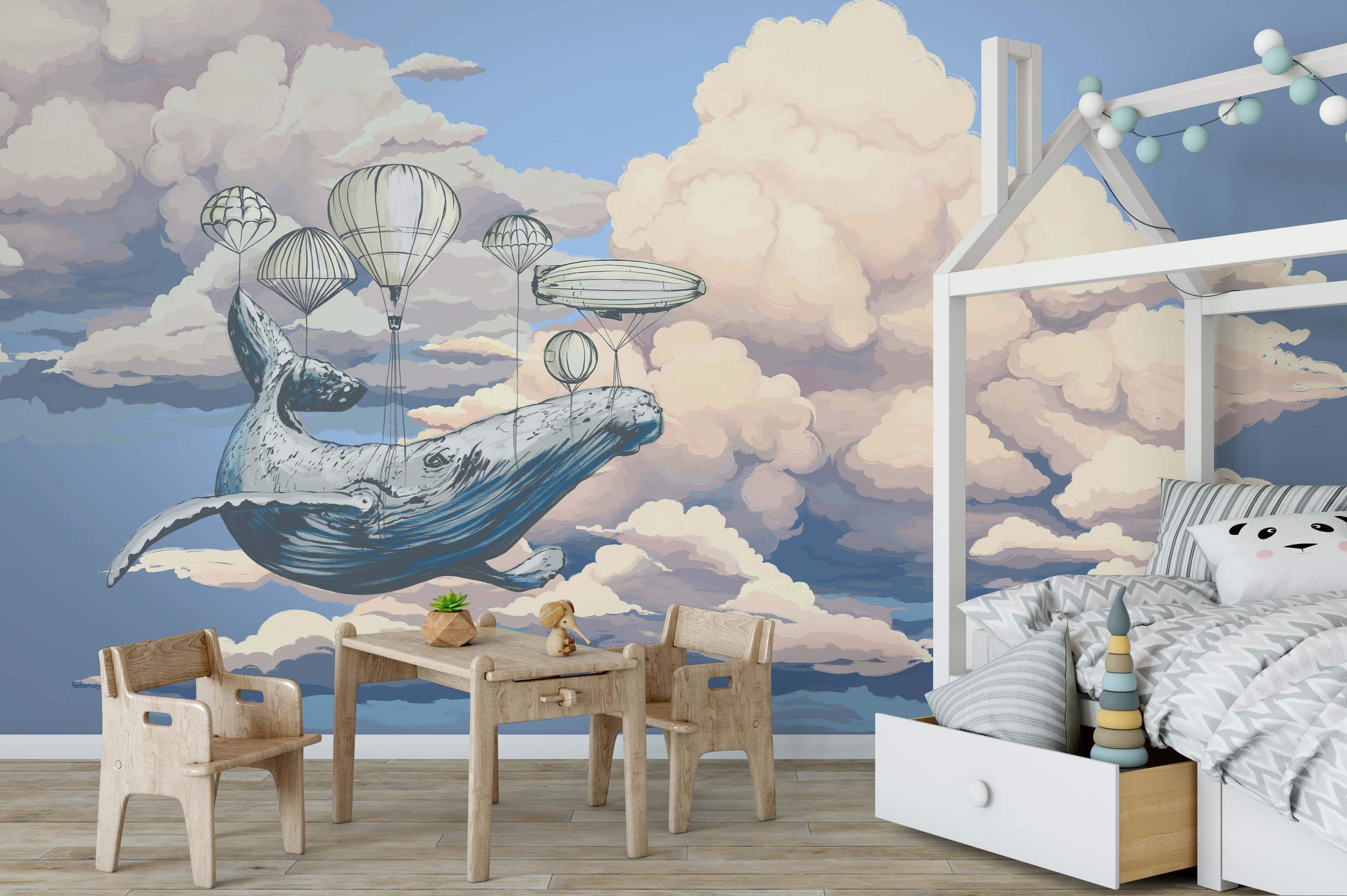 Illustrated mural of a large whale carried by balloons and a zeppelin through a blue sky with fluffy white and cream clouds.