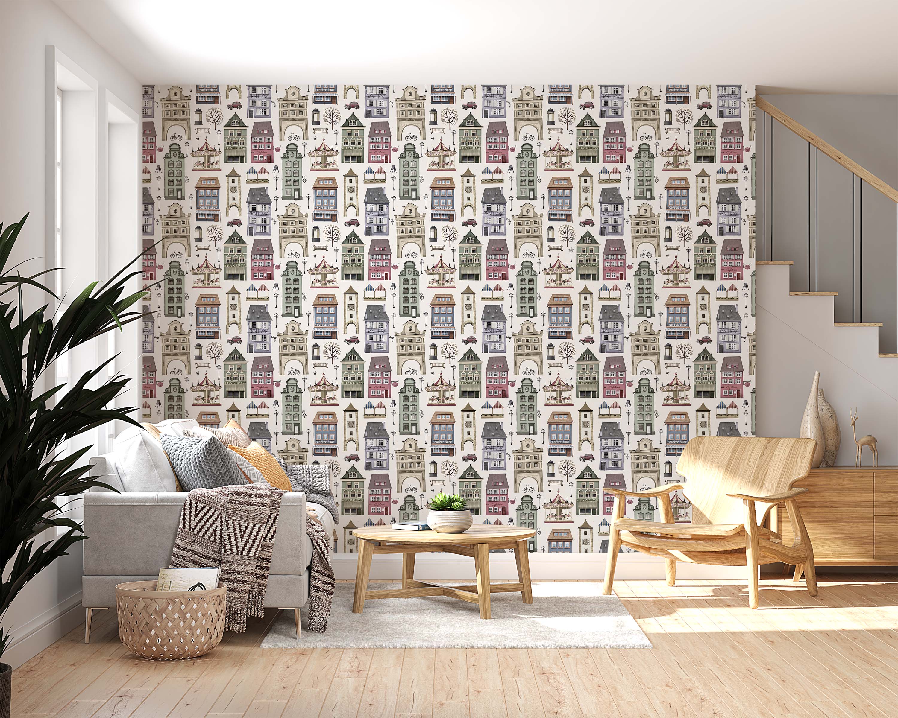 Wallpaper with a whimsical illustrated town pattern featuring colorful houses, cars, and carousels in muted tones.
