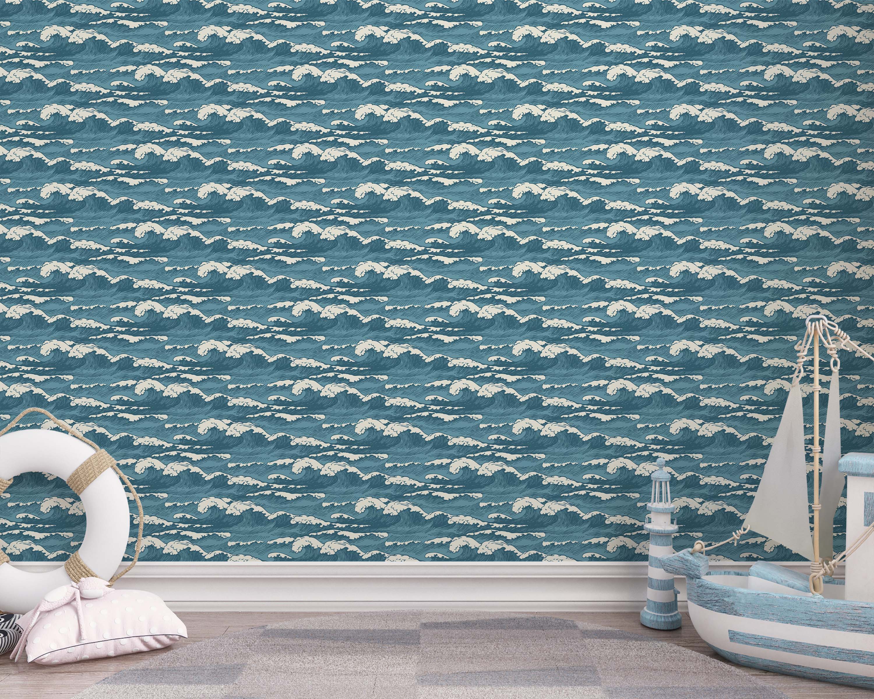 Blue and white wallpaper showcasing a repeating illustrated pattern of dynamic ocean waves with detailed white foam.