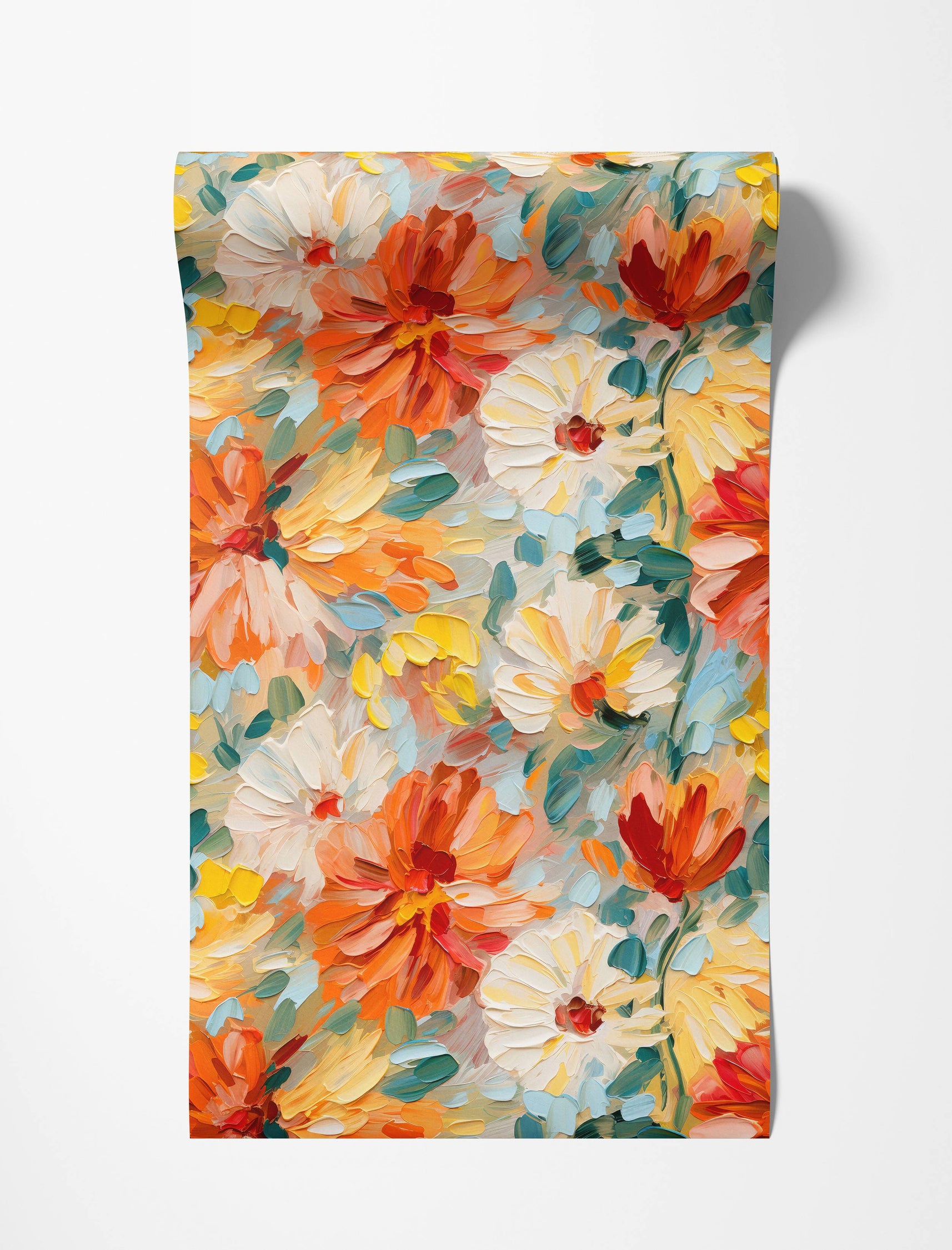 An impressionistic floral wallpaper featuring thick, impasto-style brushstrokes of orange, white, and yellow flowers.