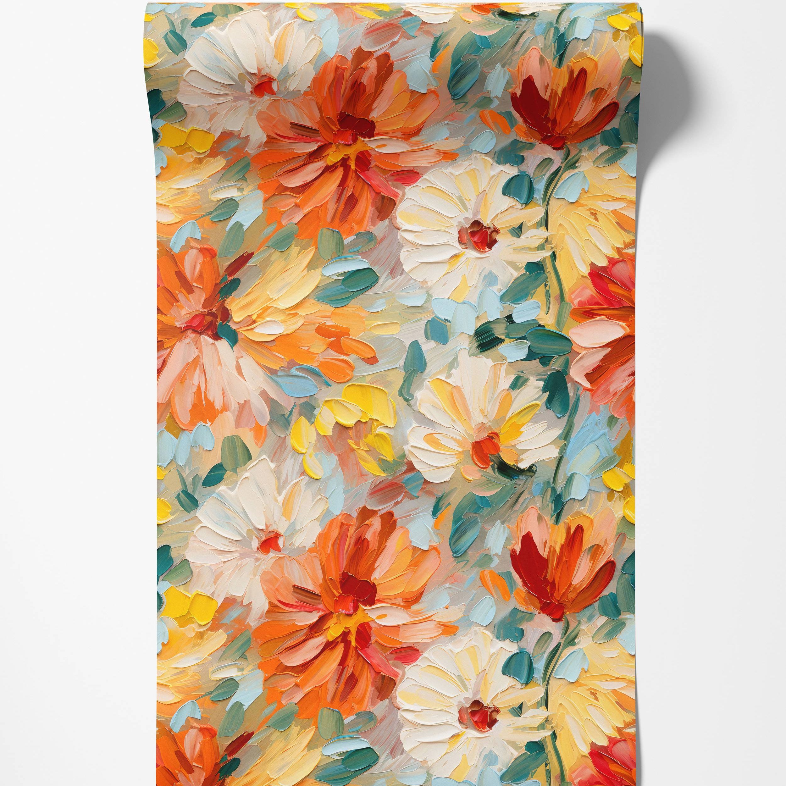 An impressionistic floral wallpaper featuring thick, impasto-style brushstrokes of orange, white, and yellow flowers.