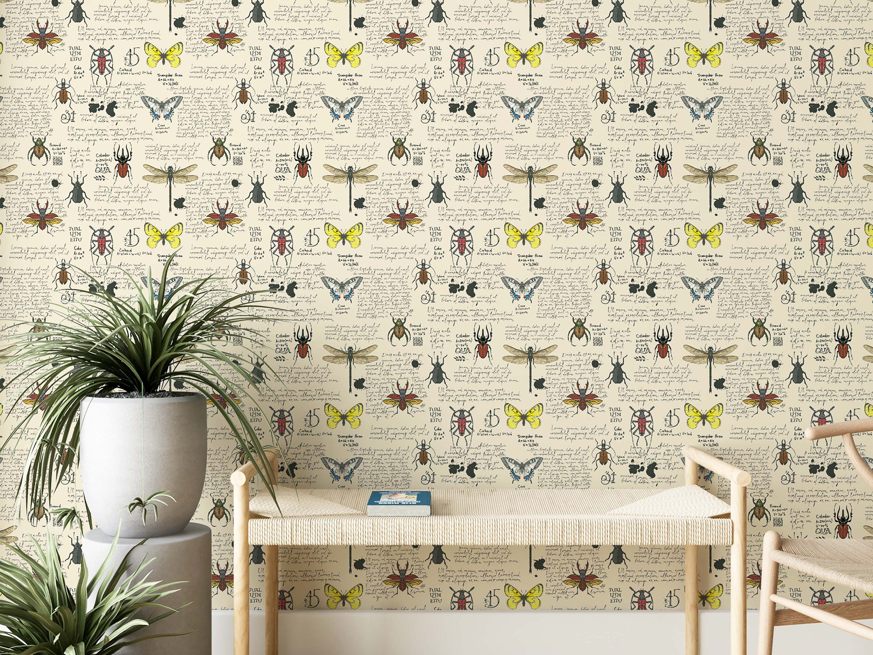 Entomology wallpaper with illustrated insects, butterflies, and handwritten script on a vintage parchment background.