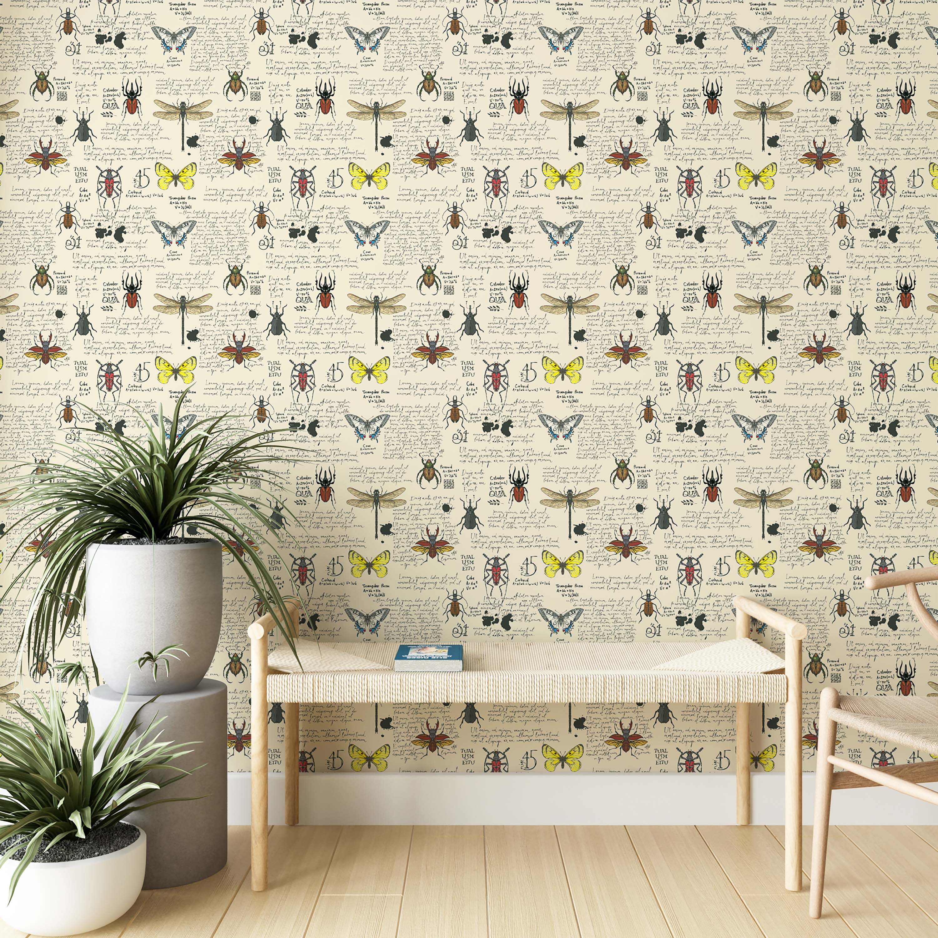 Entomology wallpaper with illustrated insects, butterflies, and handwritten script on a vintage parchment background.