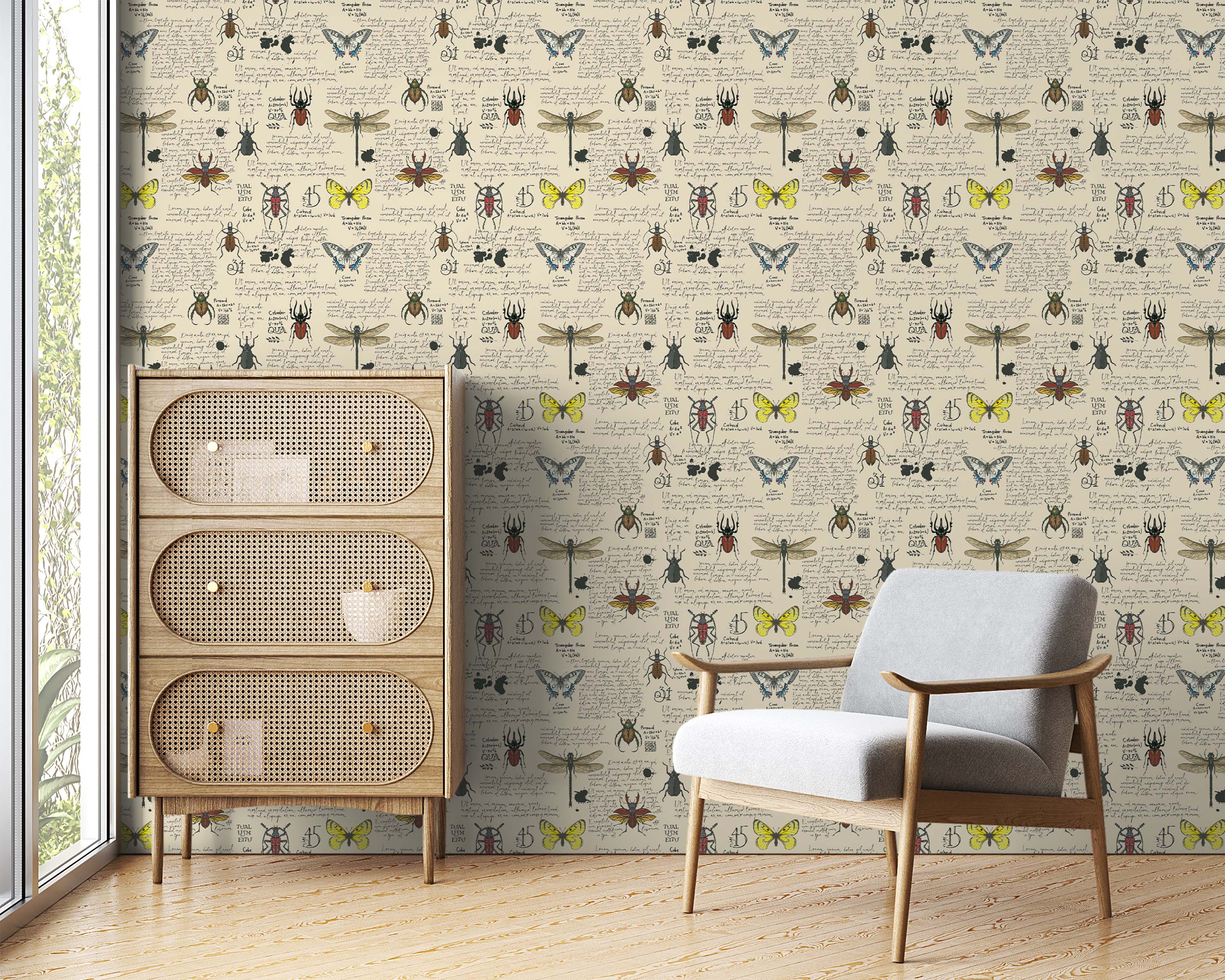 Wallpaper with vintage scientific sketches of colorful insects, including butterflies and beetles, with handwritten notes on a cream background.