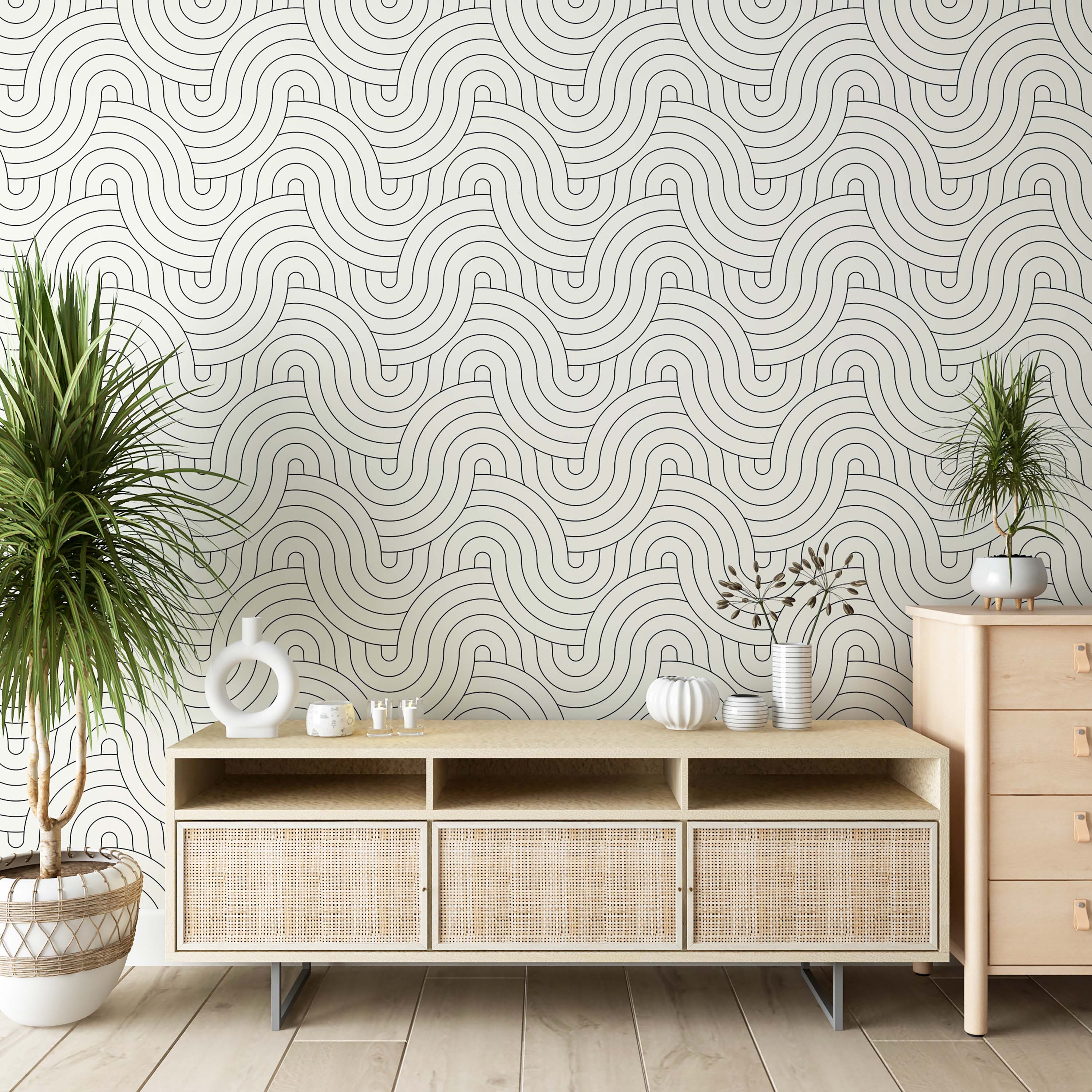 Abstract wallpaper with thin black lines forming interlocking, repeating wavy arches on a pale background.