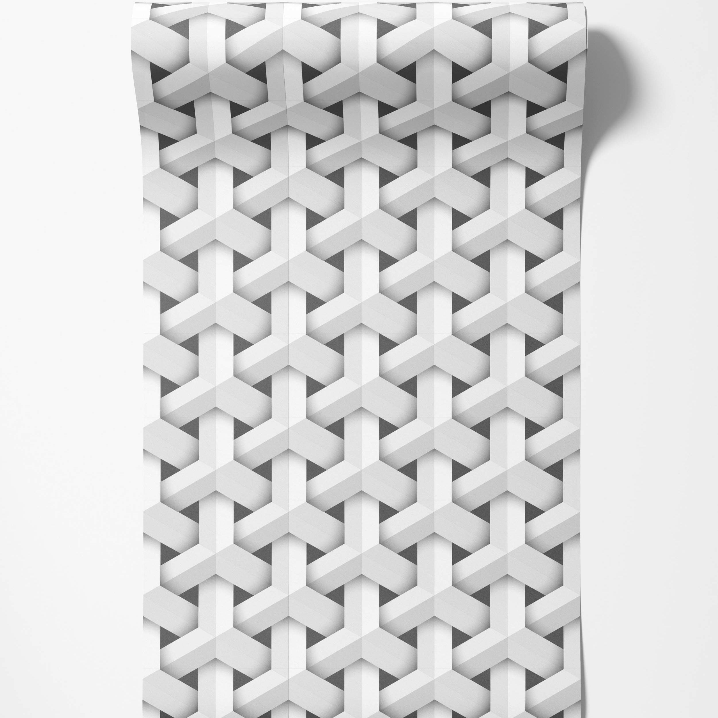 Geometric wallpaper with a repeating 3D pattern of interlocking white Y-shapes on a gray background.
