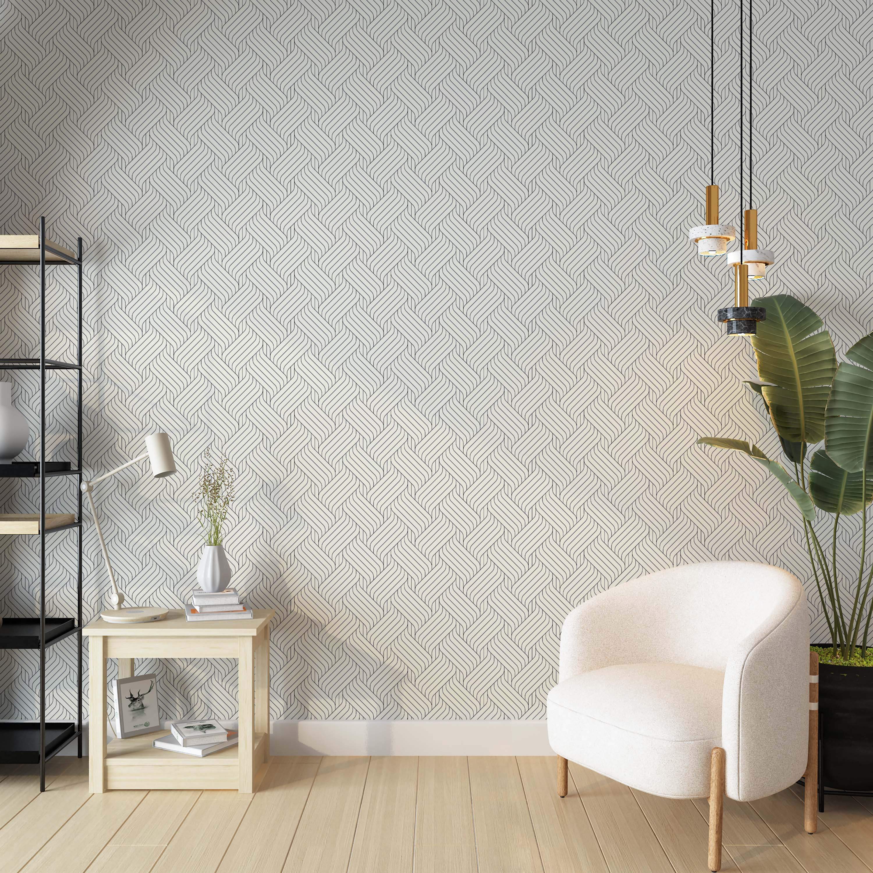 Geometric wallpaper with a repeating pattern of thin, dark gray interwoven lines on an off-white background.