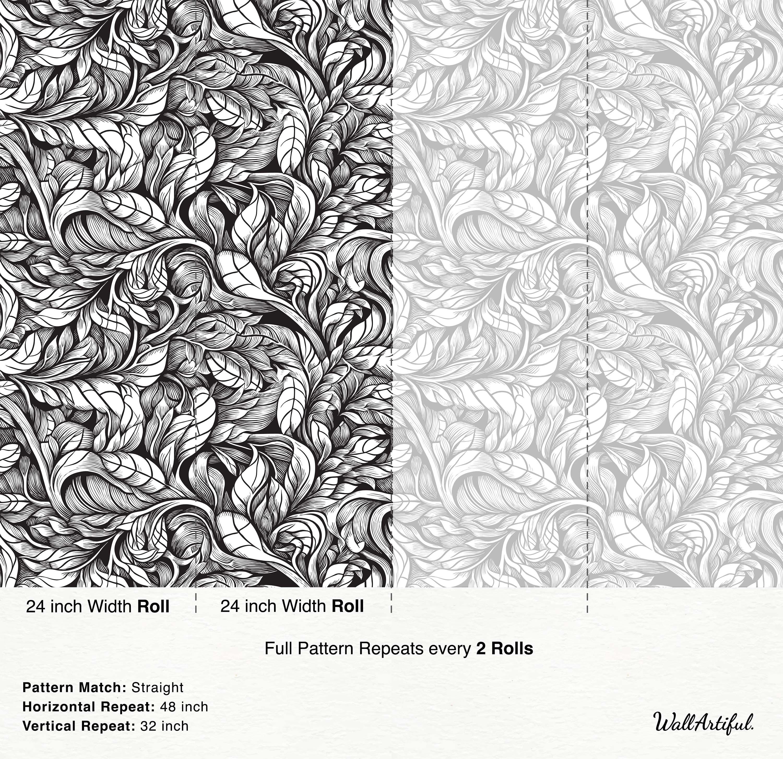 Intricate black and white wallpaper featuring a dense pattern of flowing, stylized leaves and vines with detailed line work.