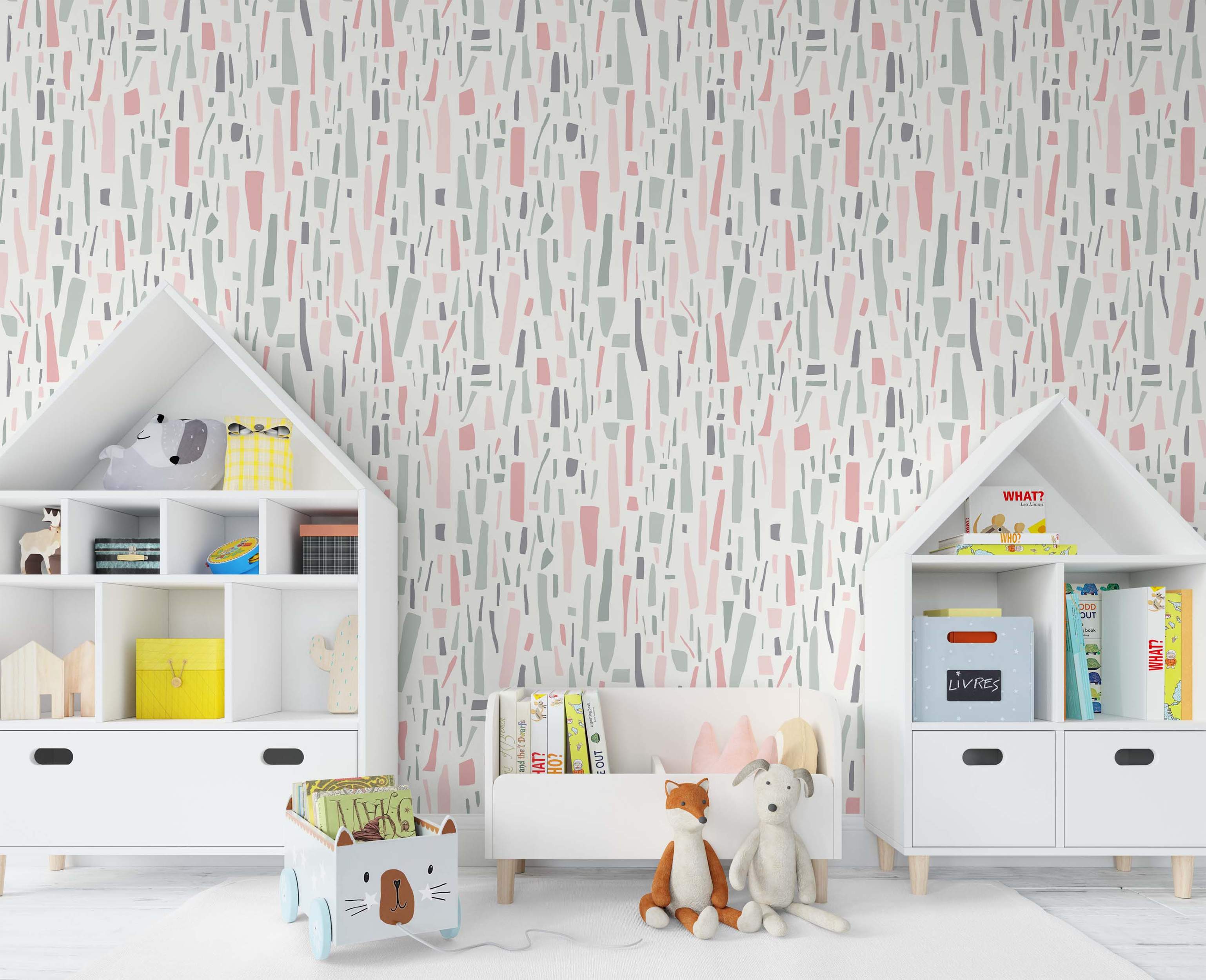 Abstract wallpaper featuring scattered irregular vertical fragments in soft pink, sage green, and dark gray on an off-white background.