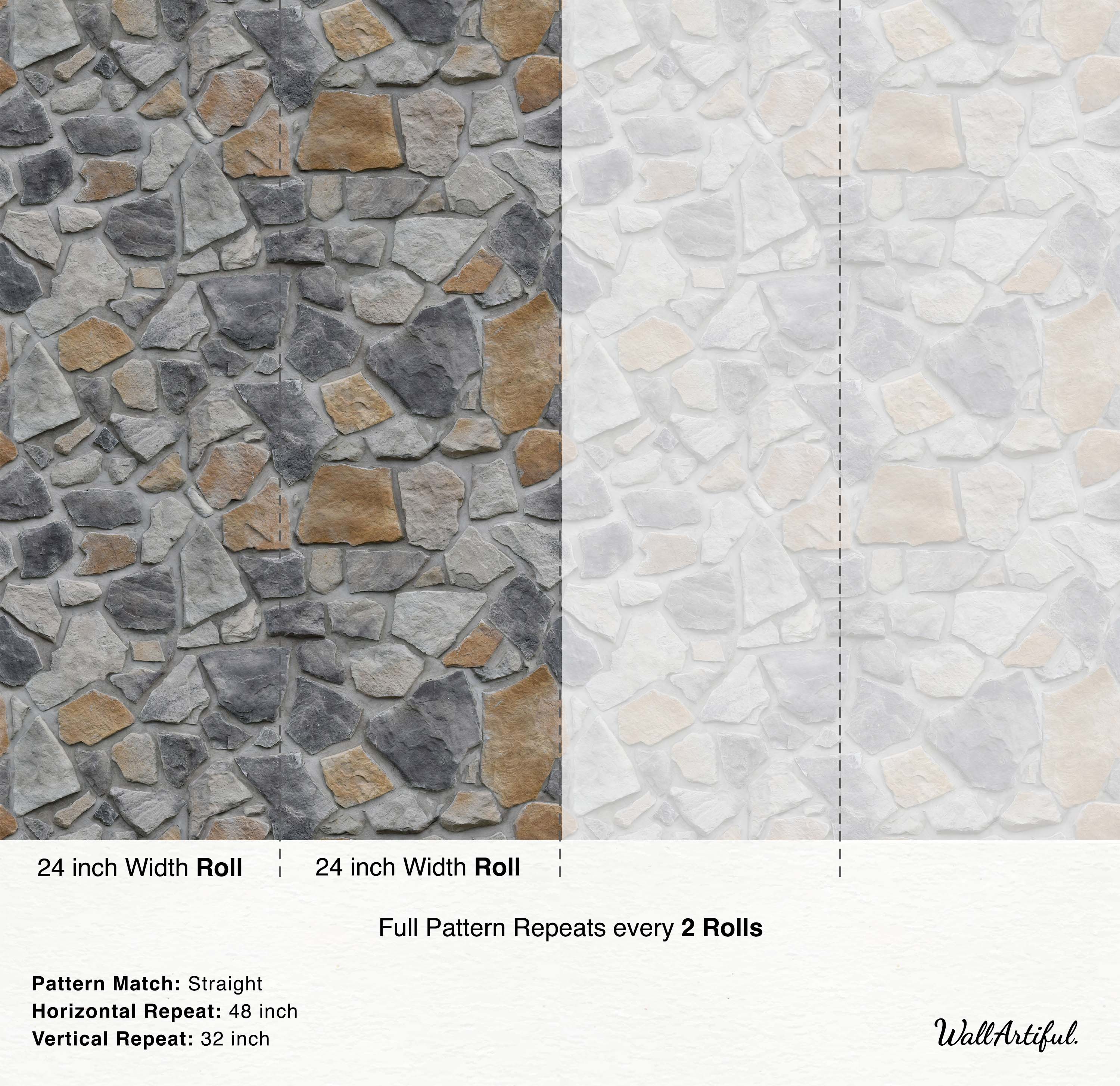 Wallpaper with a realistic pattern of irregular gray and tan stones, creating a textured stone wall appearance.