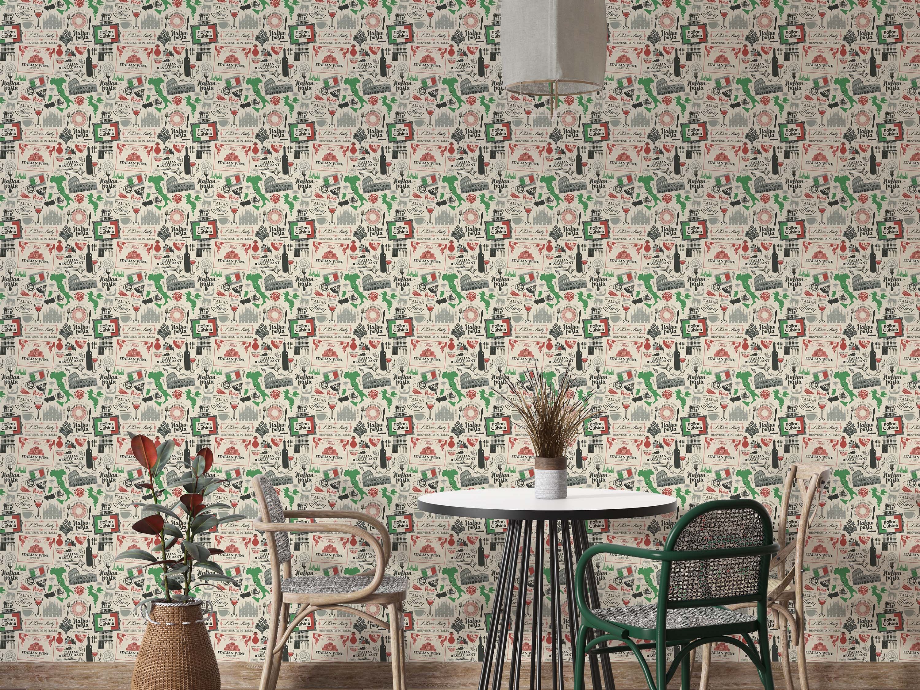 Wallpaper with a vintage Italian collage featuring maps, landmarks, food, and script in red, green, and black on a beige background.