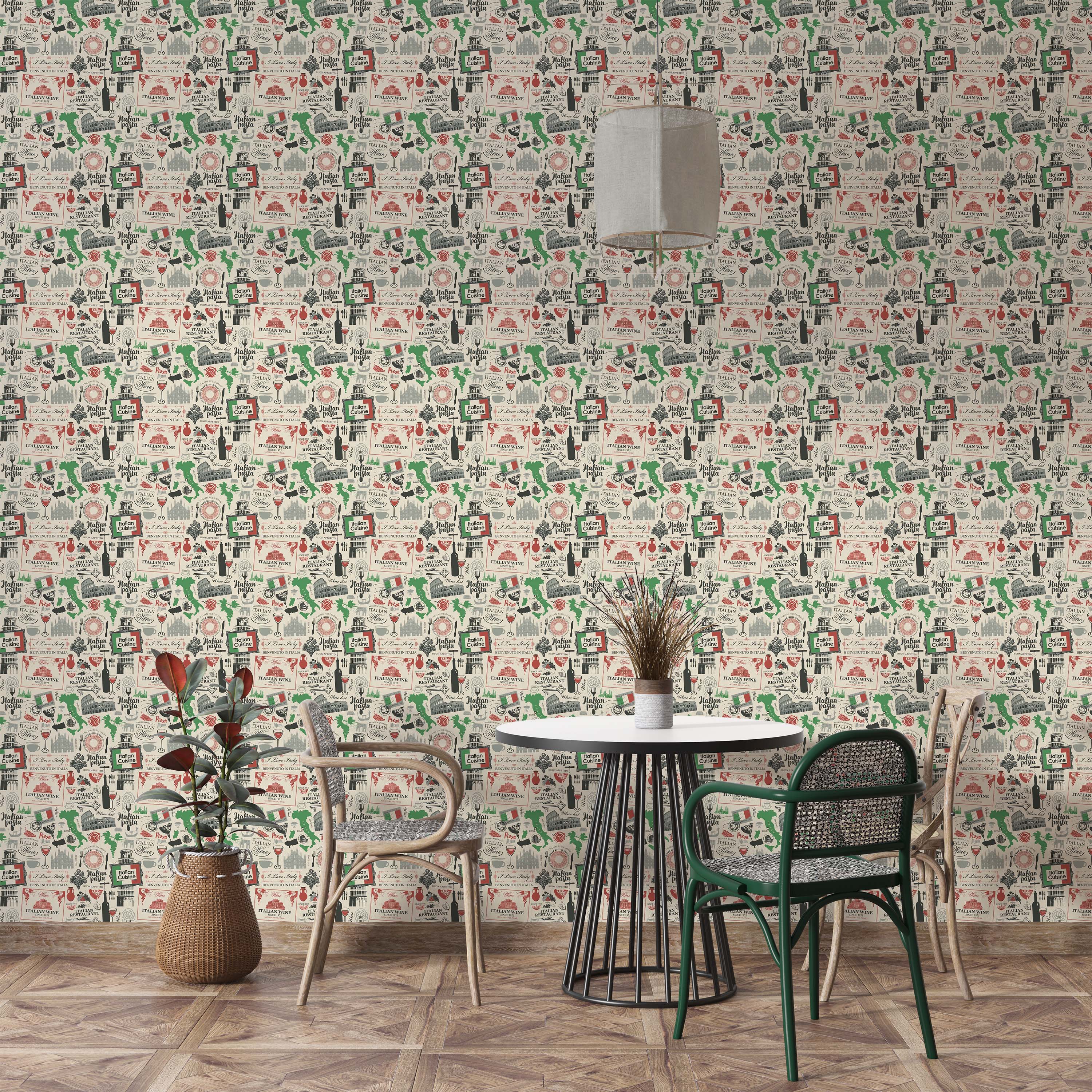 Wallpaper with a vintage Italian collage featuring maps, landmarks, food, and script in red, green, and black on a beige background.