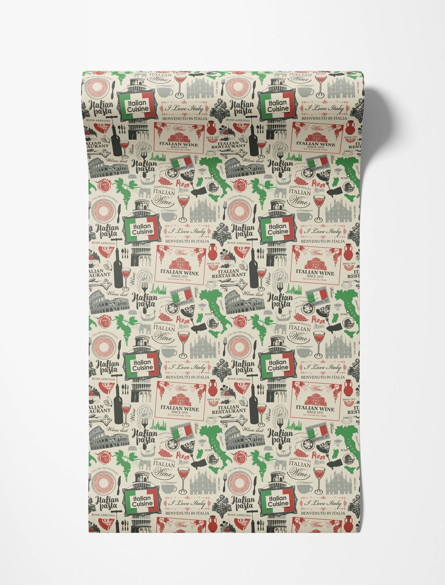 Wallpaper featuring a repeating collage of Italian food, wine, and landmark motifs in red, green, and black on a cream background.