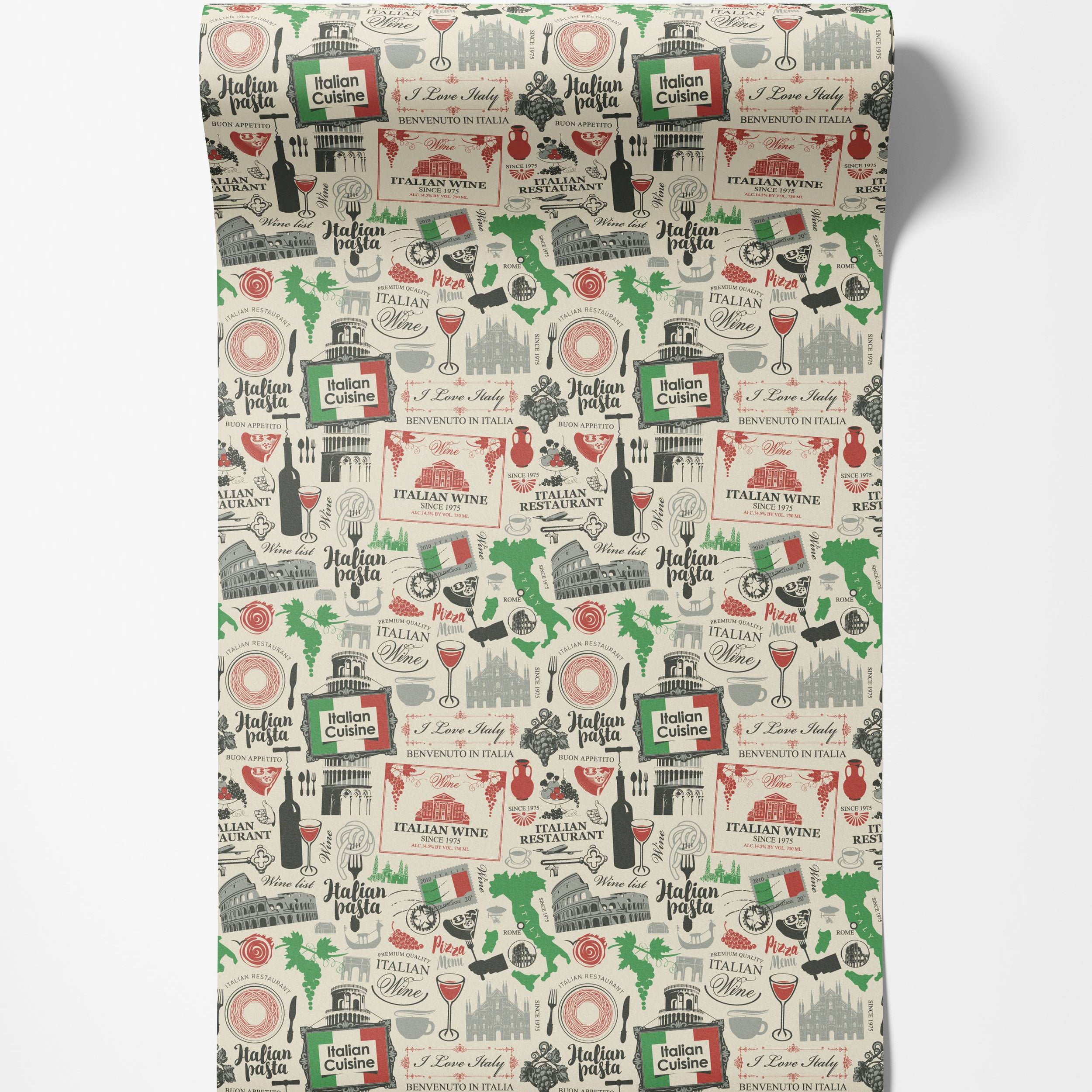 Wallpaper featuring a repeating collage of Italian food, wine, and landmark motifs in red, green, and black on a cream background.