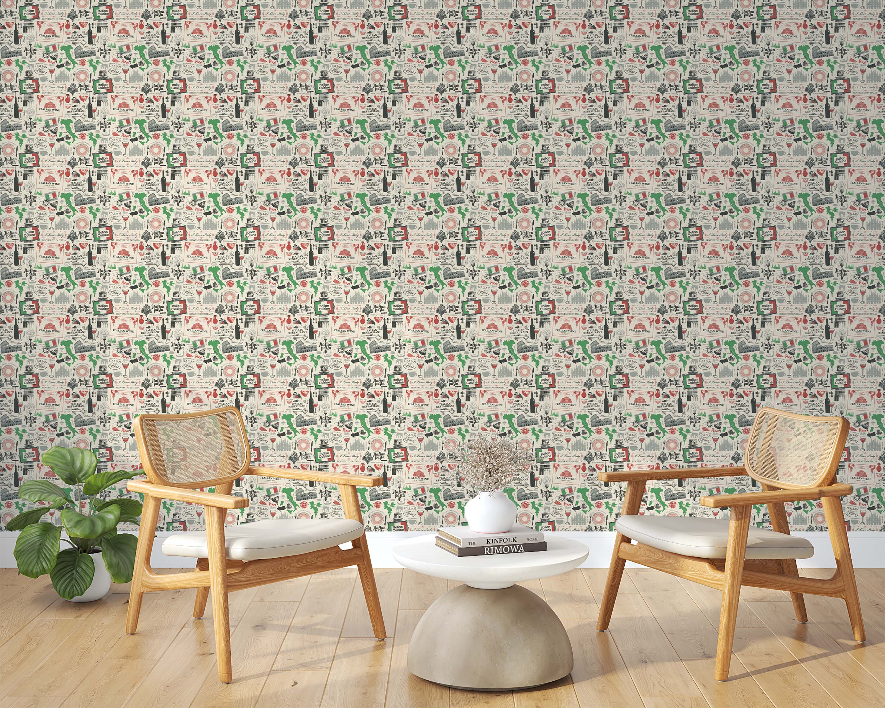 Beige wallpaper with a repeating collage of Italian icons: Colosseum, map of Italy, pizza, pasta, wine, in red, green, and black.