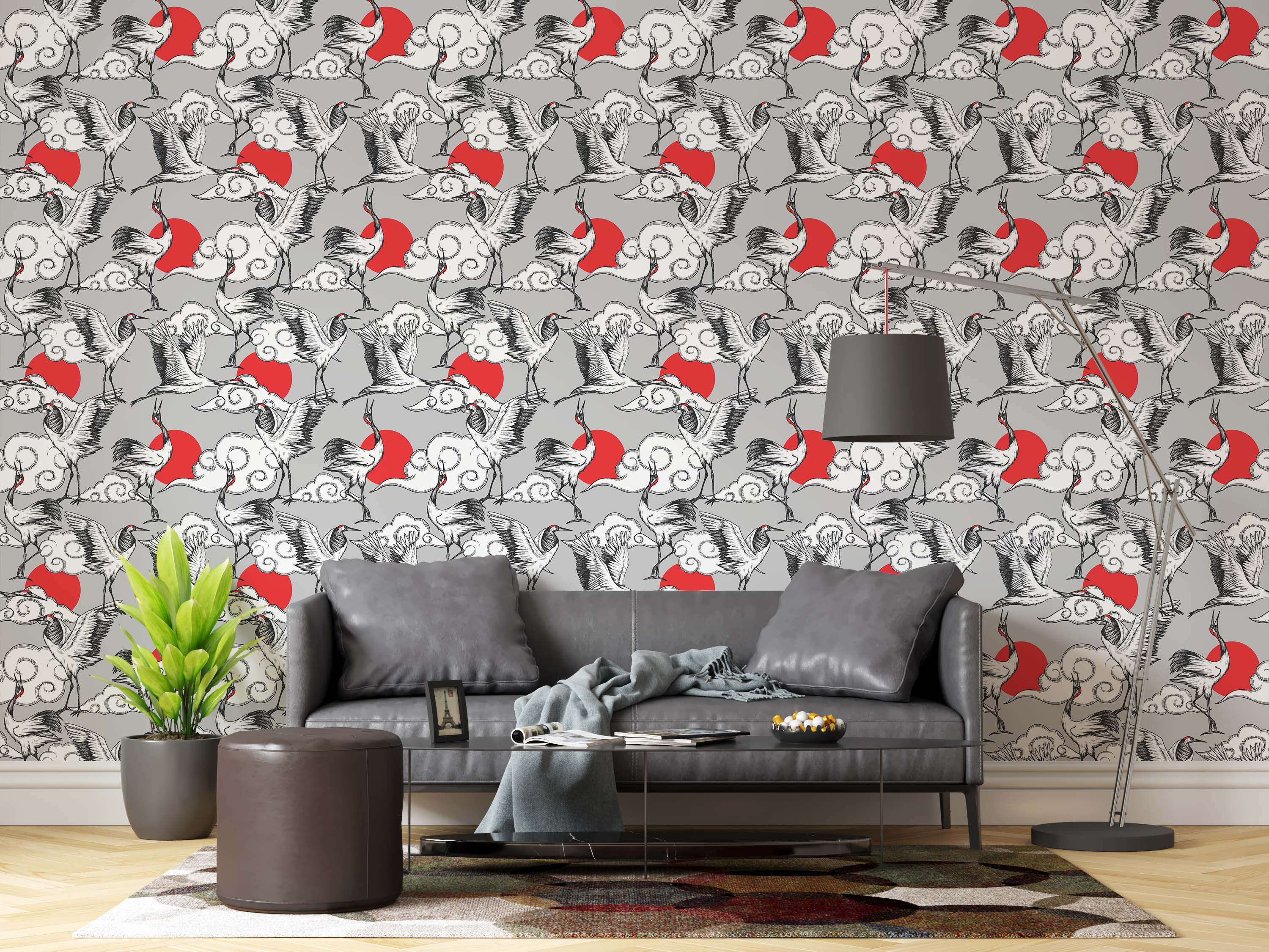 Sketch-style wallpaper featuring Japanese cranes in black and white with red suns on a gray background.