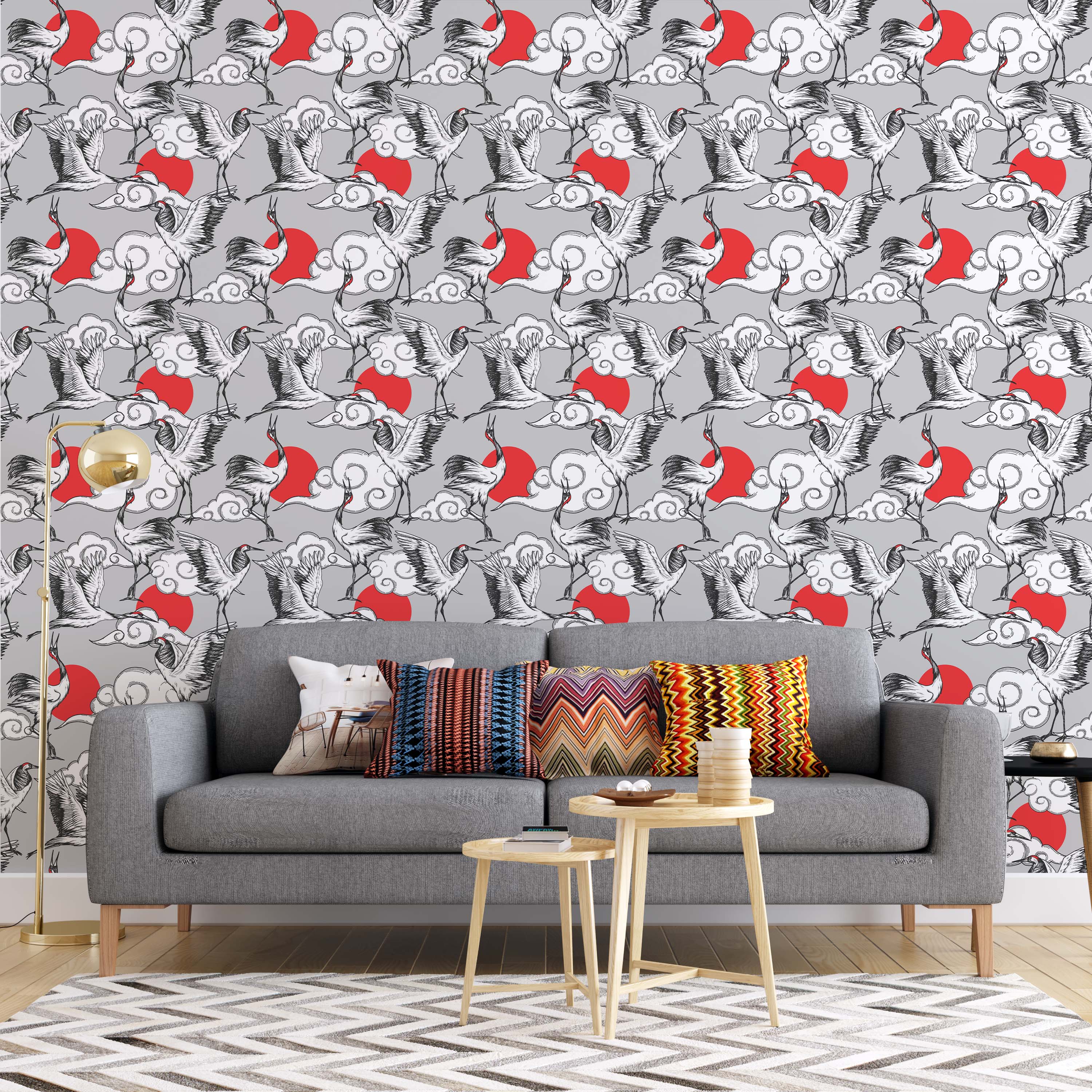 Japanese-style wallpaper with illustrated black and white cranes, red suns, and white clouds on a light gray background.