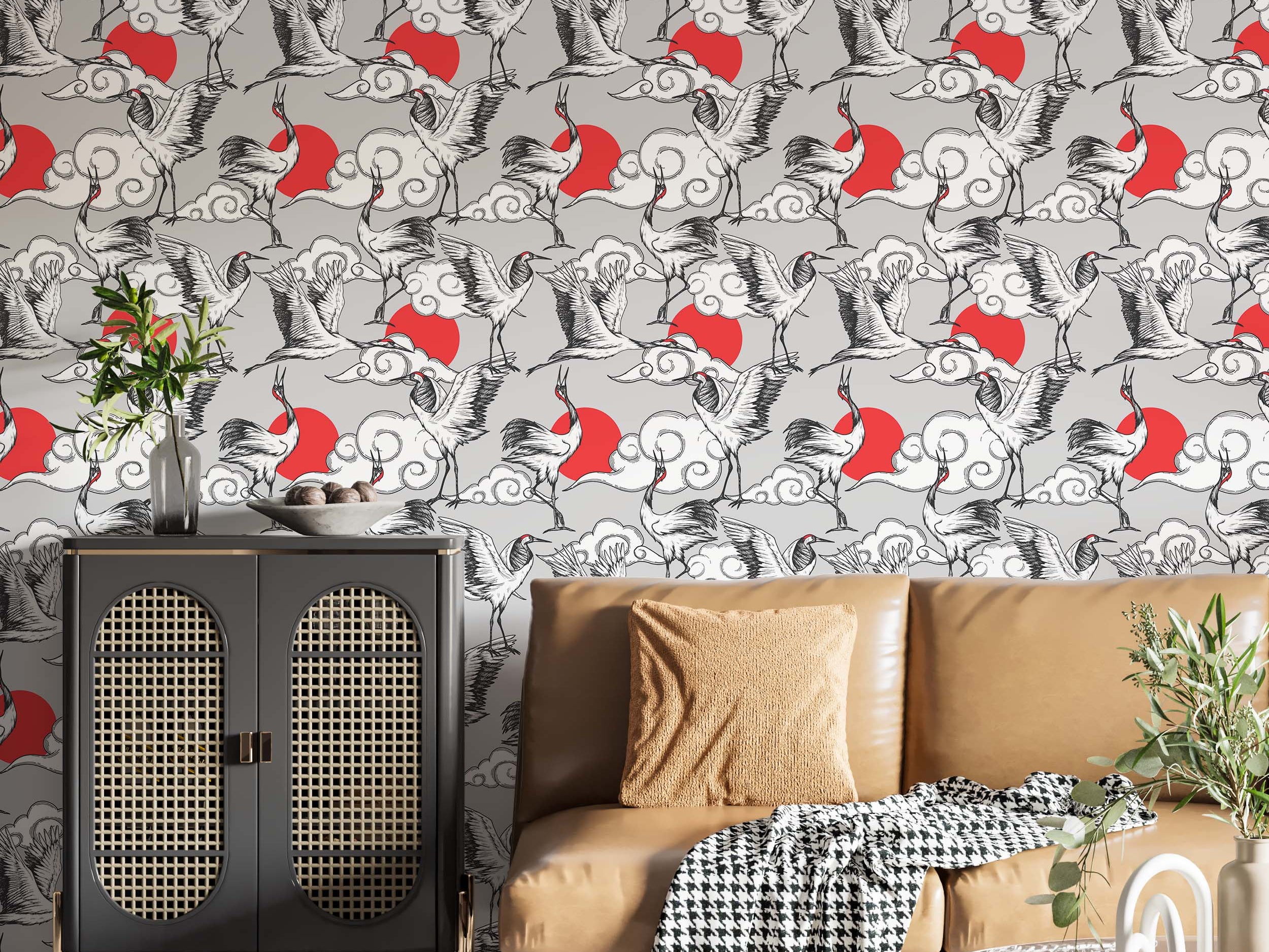 A Japanese-style wallpaper with sketched cranes, red suns, and white clouds on a gray background.