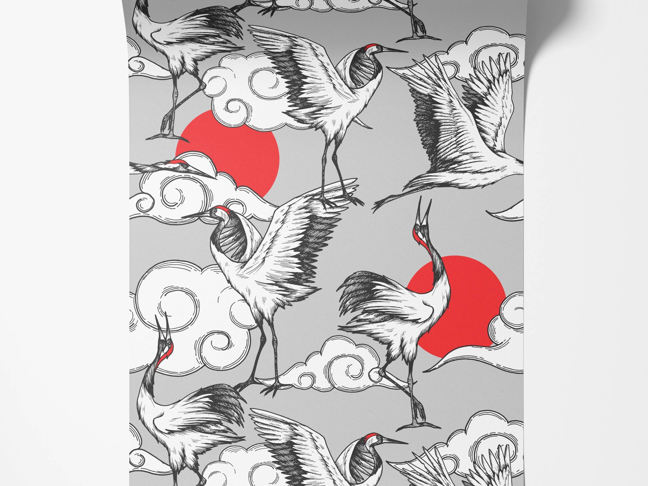 A Japanese-style wallpaper with illustrated cranes, clouds, and red suns in a red, black, white, and grey palette.