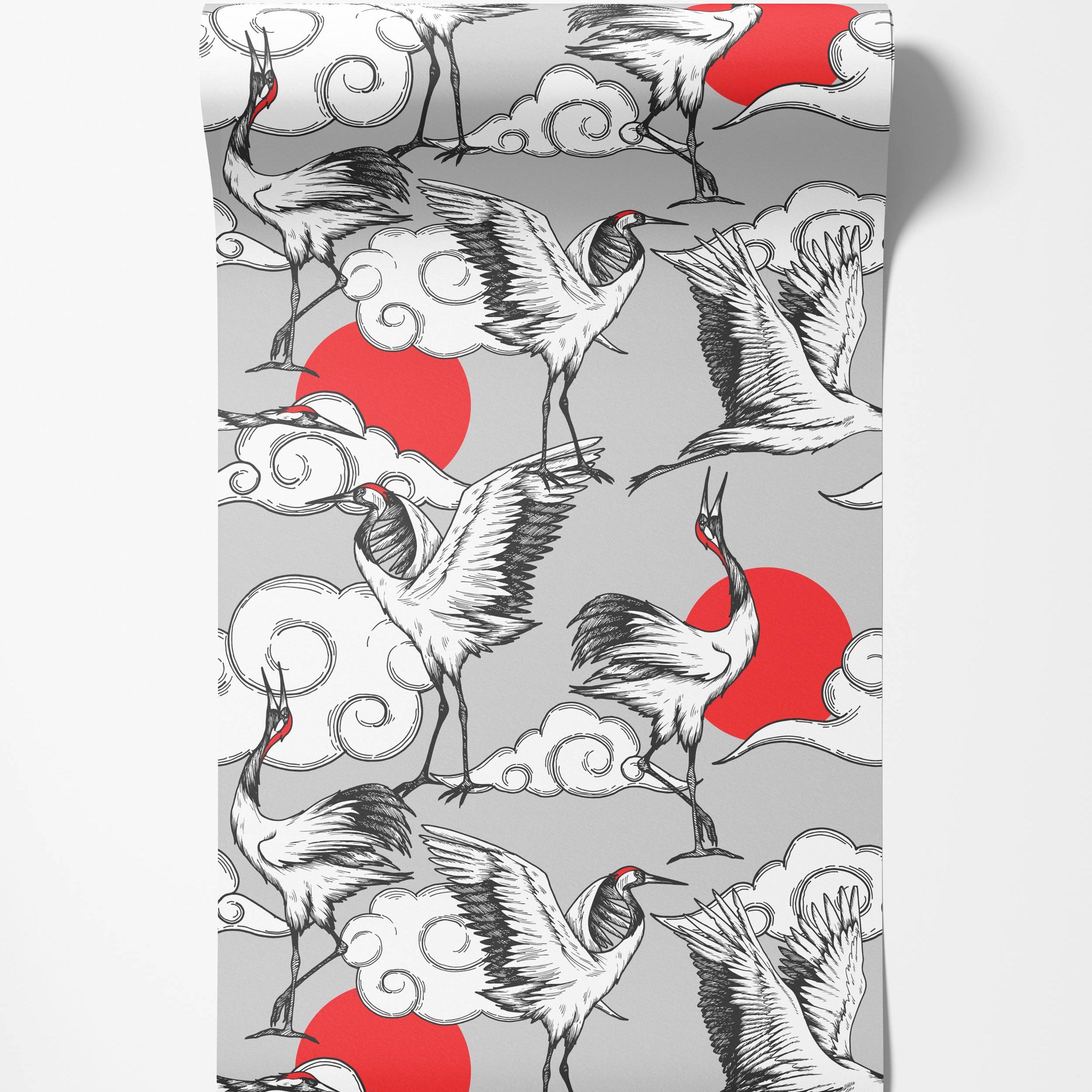 A Japanese-style wallpaper with illustrated cranes, clouds, and red suns in a red, black, white, and grey palette.