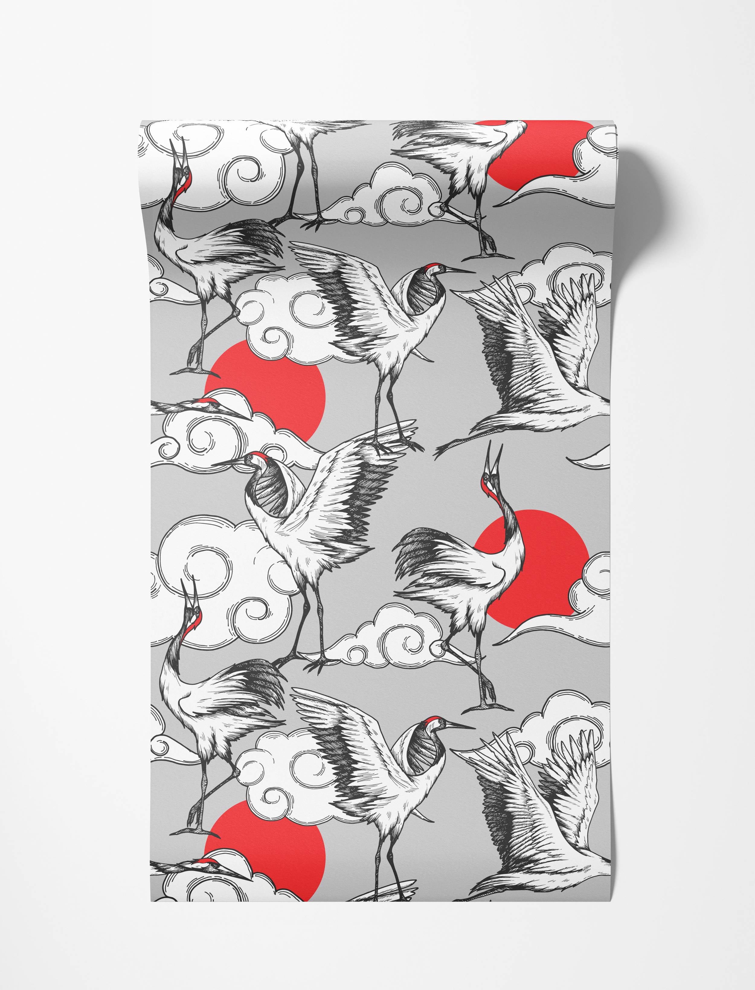 A Japanese-style wallpaper with illustrated cranes, clouds, and red suns in a red, black, white, and grey palette.