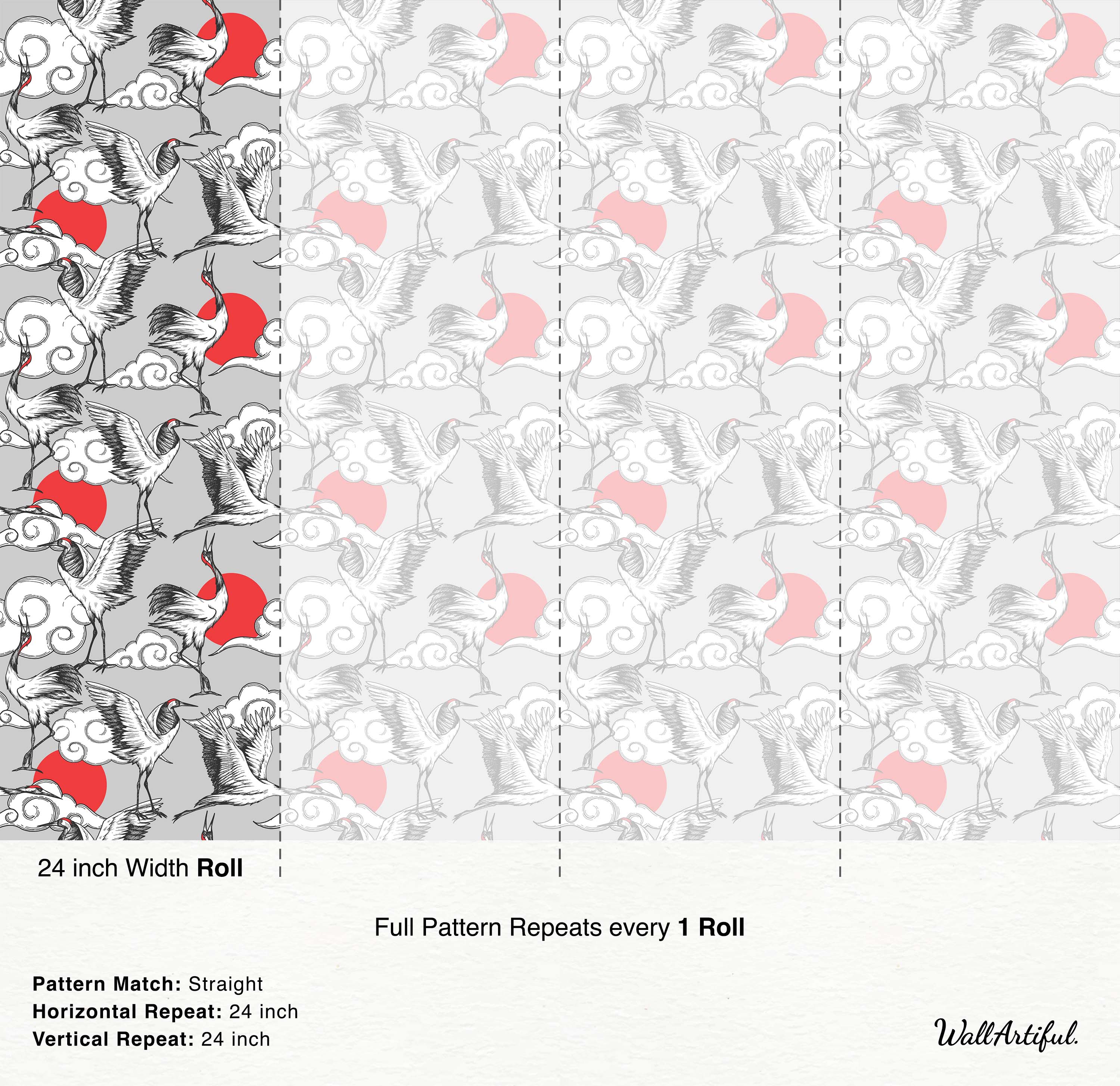 Wallpaper with a Japanese pattern of sketched cranes, white clouds, and red suns against a grey backdrop.