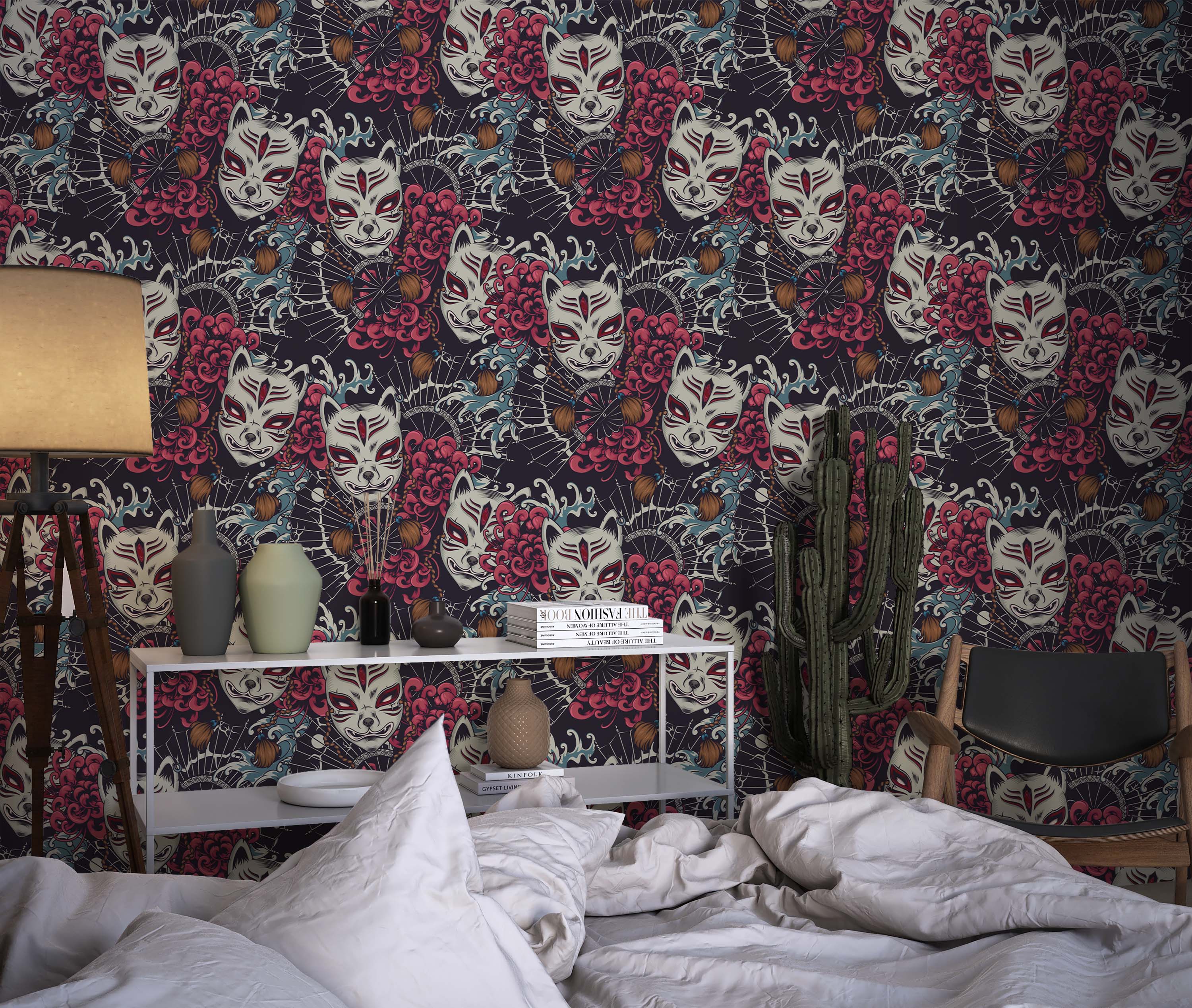 Japanese-inspired wallpaper with white kitsune masks, red chrysanthemums, fans, and blue wave patterns on a dark background.