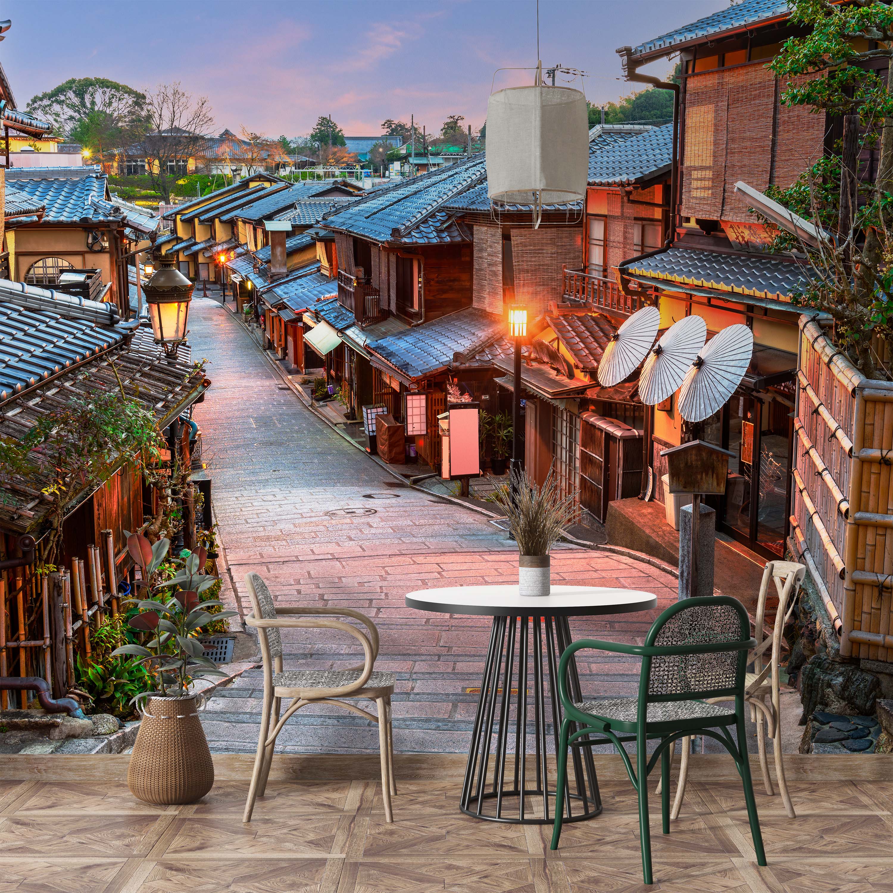 A picturesque mural of a traditional Japanese street at dusk, with stone-paved roads, wooden houses, and glowing lanterns.