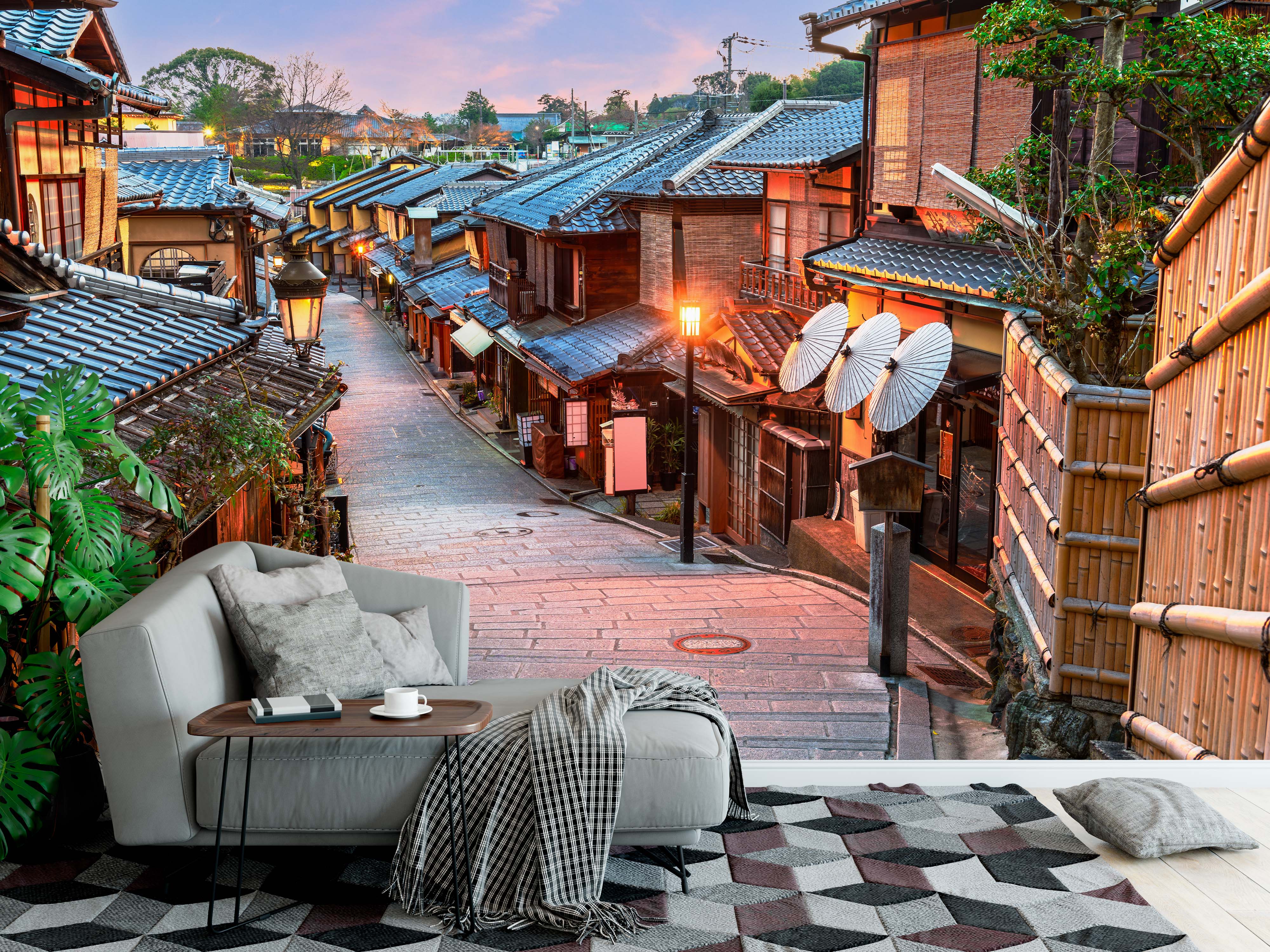 A scenic mural of a traditional Japanese street in Kyoto at dusk, with glowing lanterns and classic wooden houses.