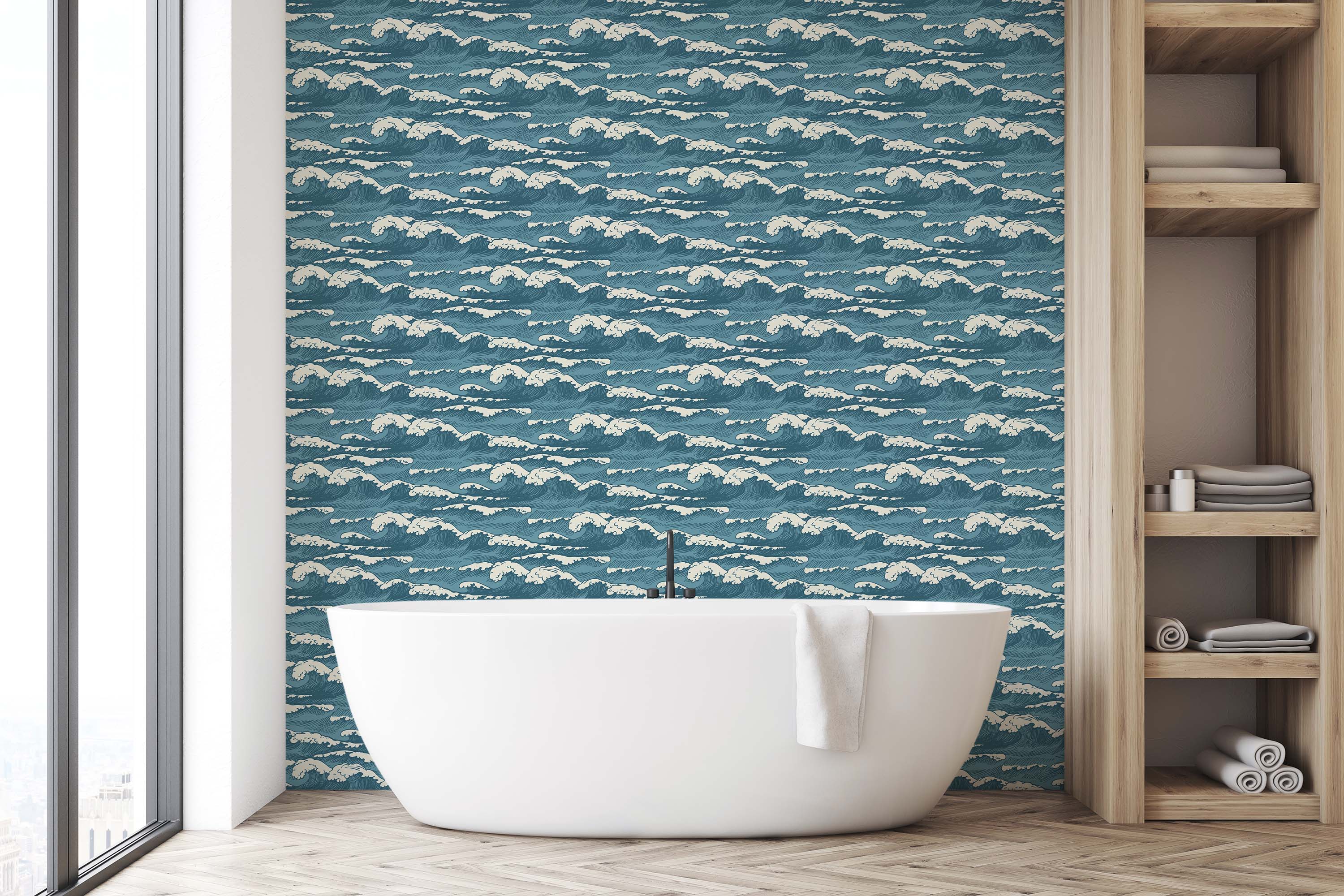 Wallpaper with a repeating pattern of stylized Japanese ocean waves in shades of blue and white.