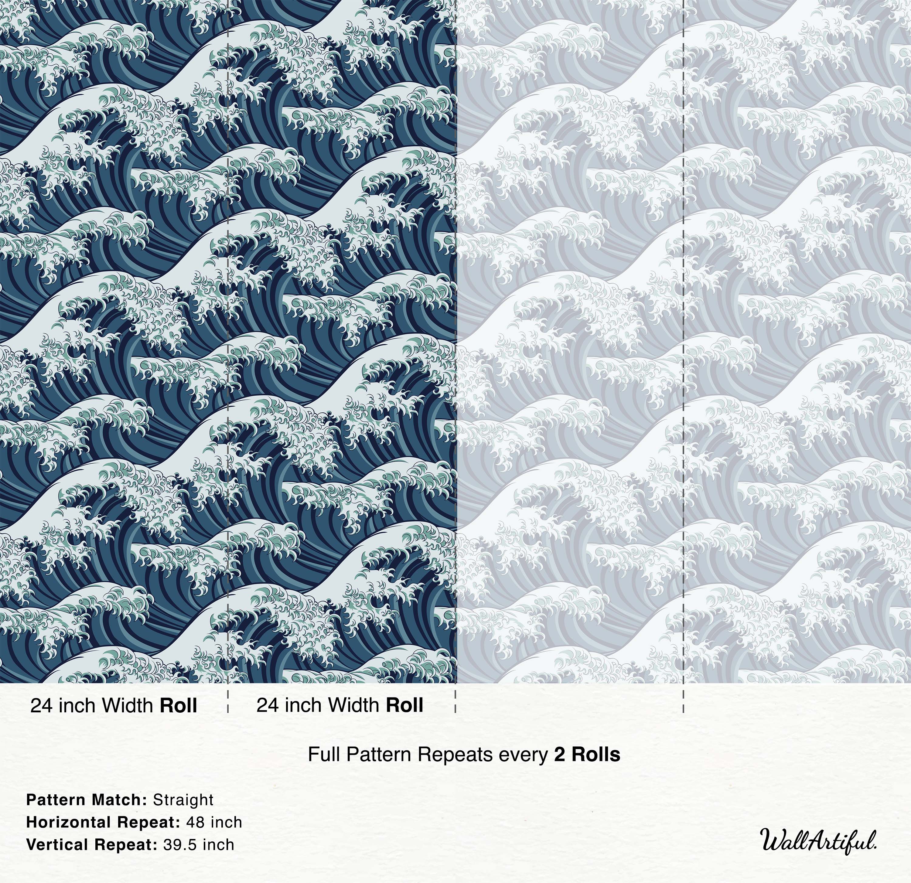 Wallpaper featuring a repeating Japanese-style pattern of crashing ocean waves in shades of blue, teal, and white.