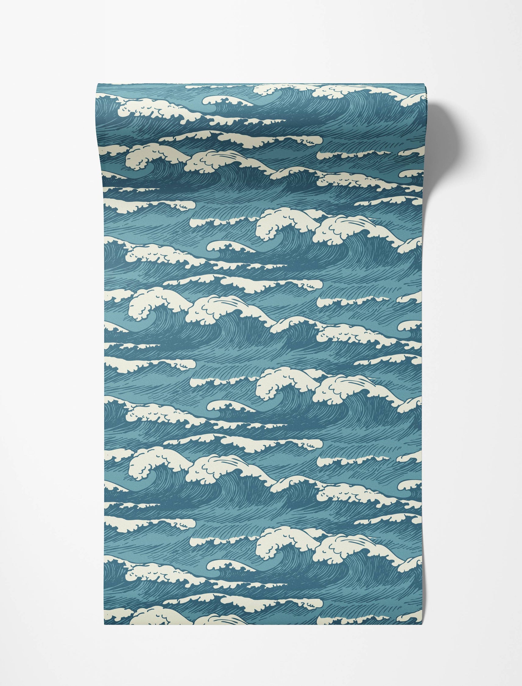Wallpaper featuring a repeating pattern of stylized Japanese ocean waves in shades of blue with cream-colored foam.